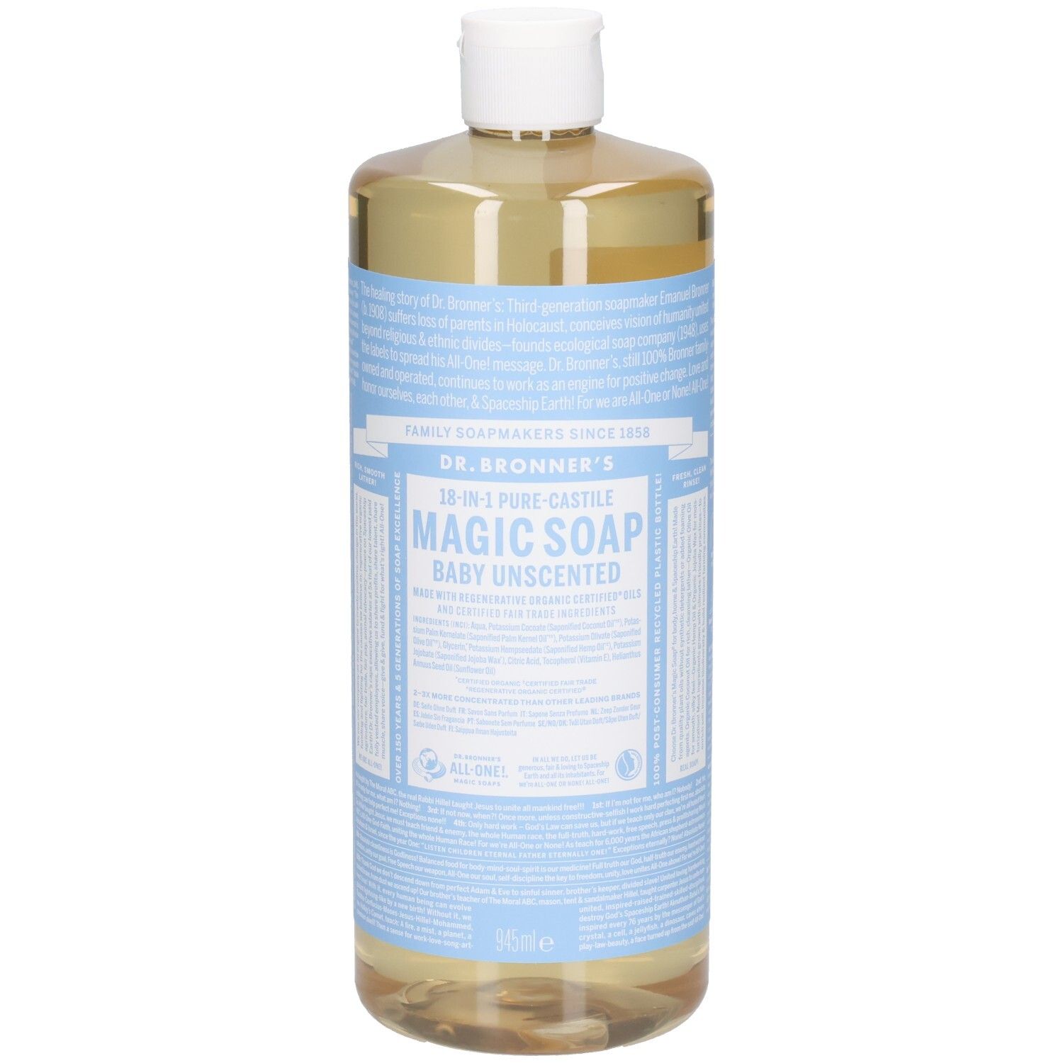 Bouteille de savon Dr. Bronner's Magic Soap, Baby Unscented. Liquide brun clair dans une bouteille transparente avec un bouchon blanc et une étiquette bleue.