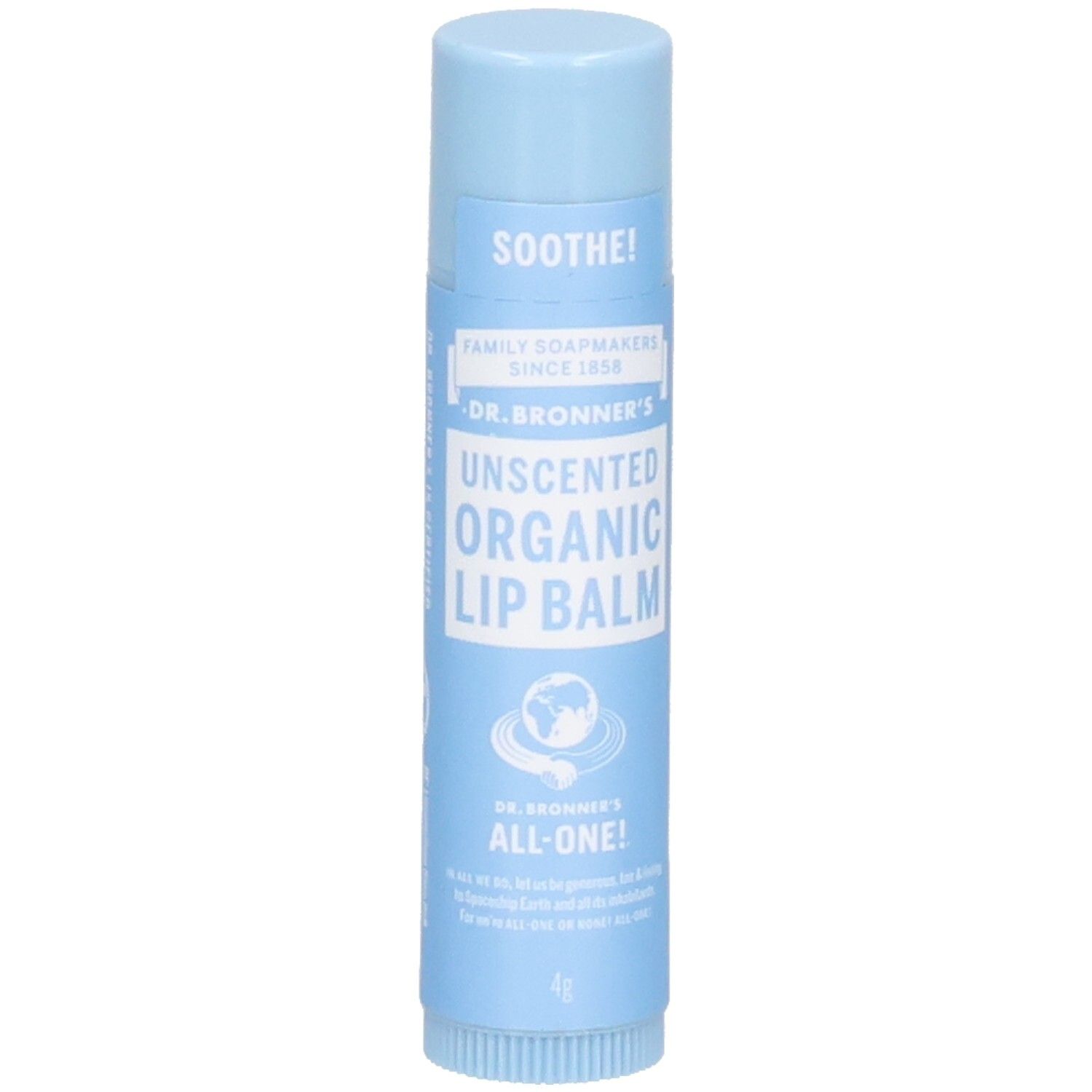 Stick de baume à lèvres bleu clair. Inscription : SOOTHE!, DR. BRONNER'S UNSCENTED ORGANIC LIP BALM, ALL-ONE!. 4g.