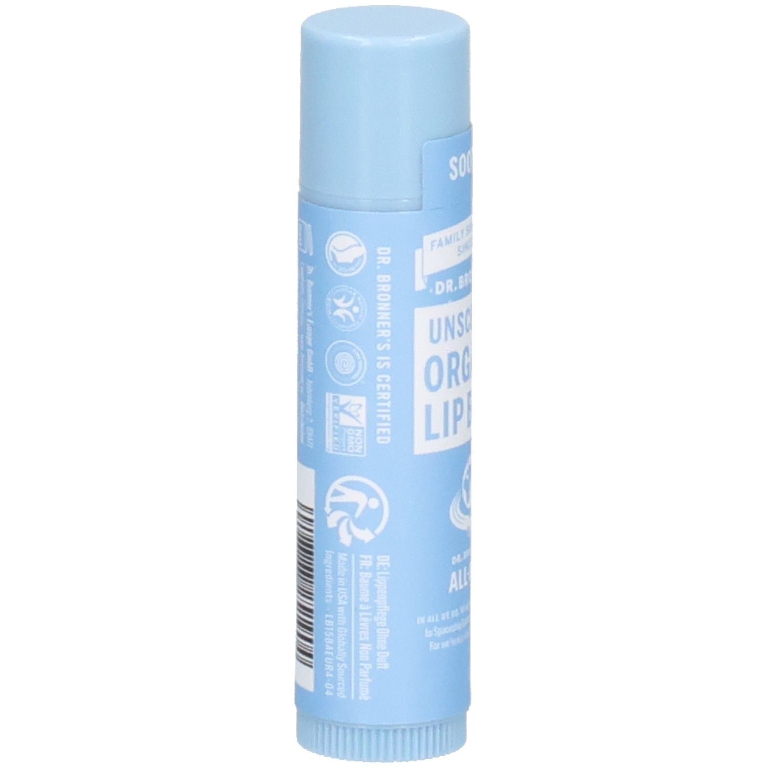 Stick de baume à lèvres bleu clair. Inscription : DR. BRONNER'S IS CERTIFIED. Dos avec texte et logos.