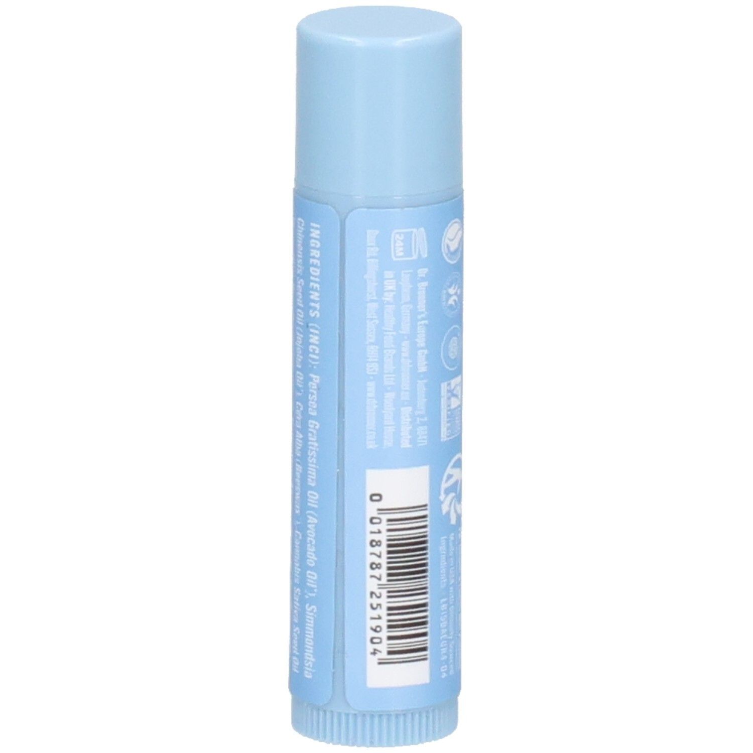 Stick de baume à lèvres bleu clair. Dos avec texte et code-barres. Liste des ingrédients.