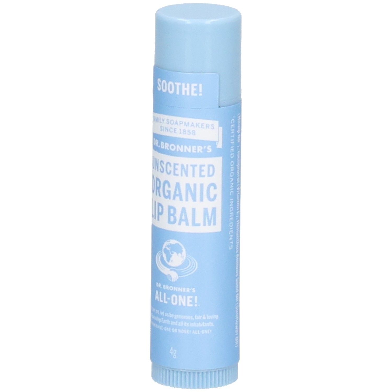 Stick de baume à lèvres bleu clair. Inscription : SOOTHE!, DR. BRONNER'S UNSCENTED ORGANIC LIP BALM, ALL-ONE!. 4g.
