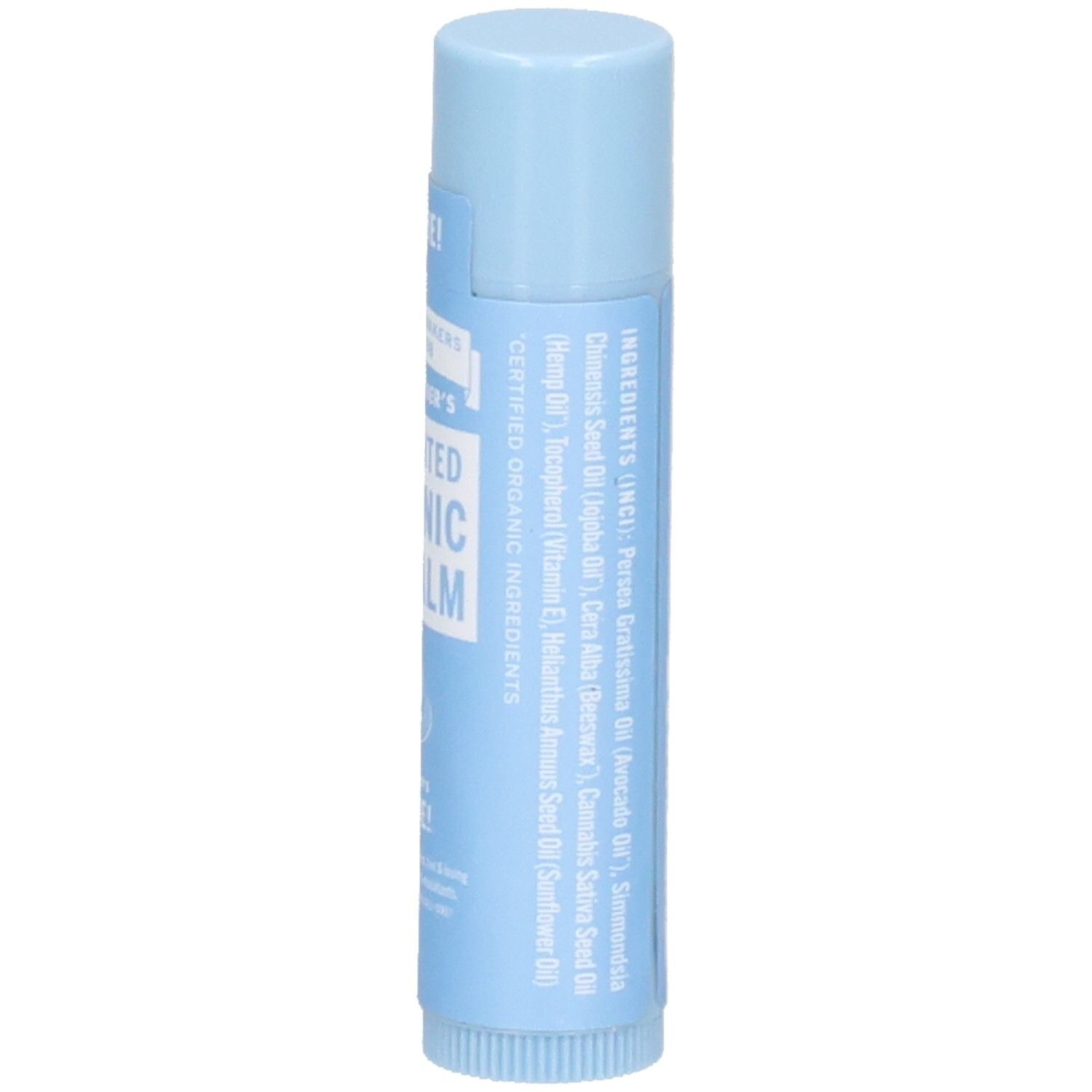 Stick de baume à lèvres bleu clair. Inscription : DR. BRONNER'S UNSCENTED ORGANIC LIP BALM. Liste des ingrédients.