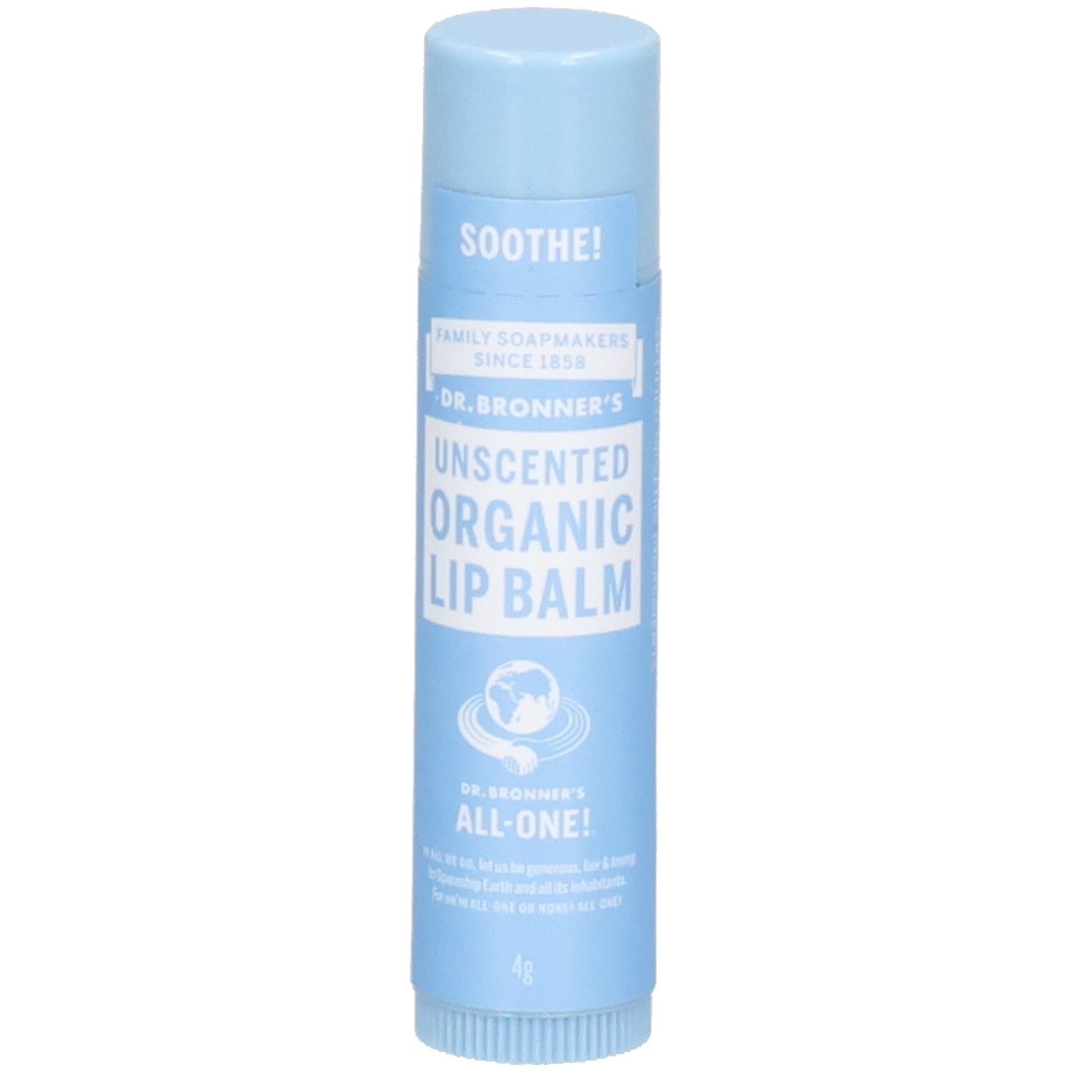 Stick de baume à lèvres bleu clair. Inscription : SOOTHE!, DR. BRONNER'S UNSCENTED ORGANIC LIP BALM, ALL-ONE!. 4g.