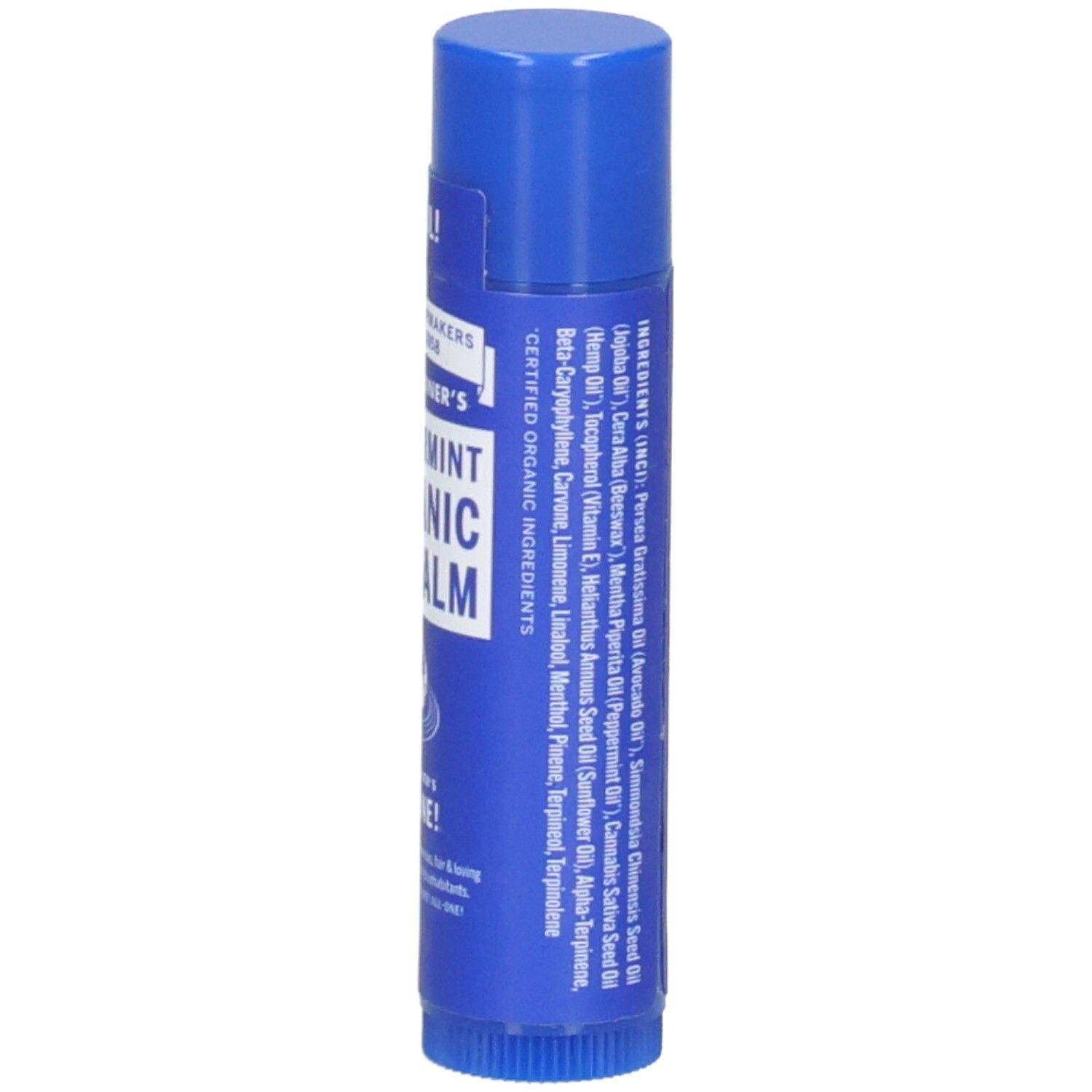 Baume à lèvres bleu Dr. Bronner's. Dos avec ingrédients.