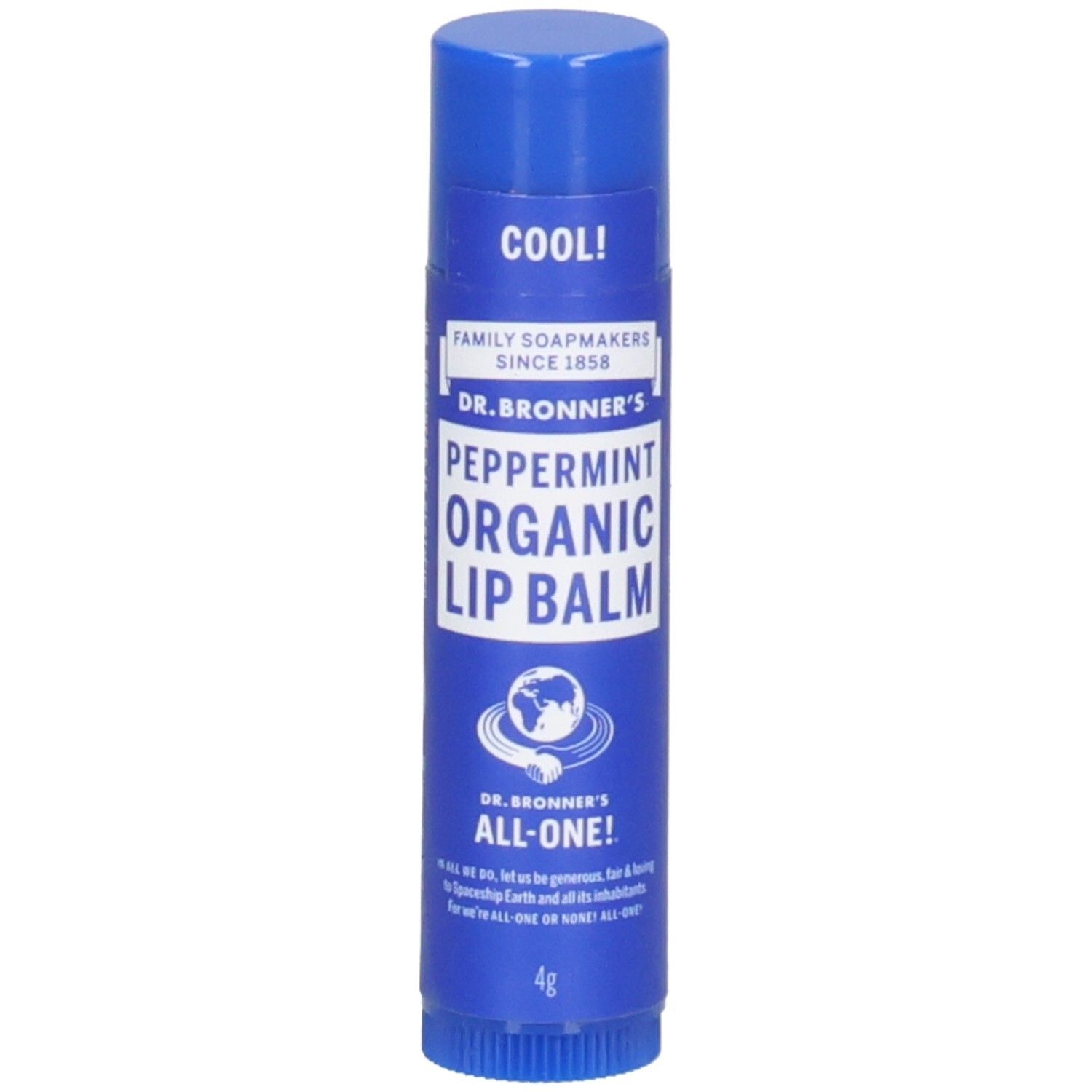 Baume à lèvres bleu Dr. Bronner's. Inscription: Peppermint Organic Lip Balm. Avec 'COOL!' et 'ALL-ONE!'