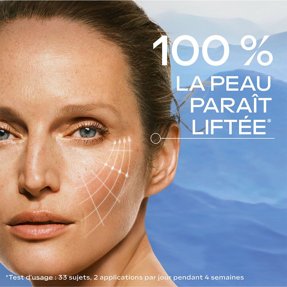 Gros plan sur un visage. Des lignes sont dessinées sur la peau. Texte : 100% LA PEAU PARAÎT LIFTÉE*. *Test d'usage : 33 sujets, 2 applications par jour pendant 4 semaines.