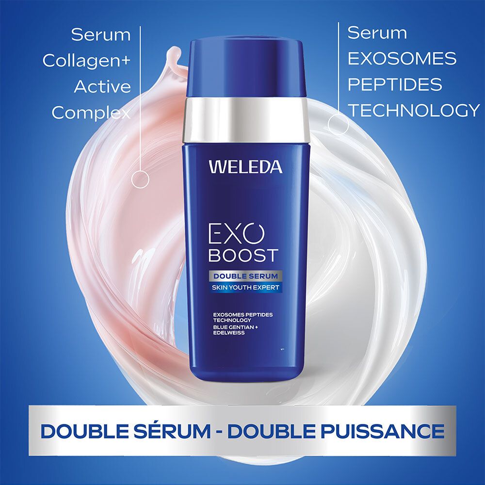 Flacon bleu et argent. Inscription : WELEDA, EXO BOOST DOUBLE SERUM, SKIN YOUTH EXPERT. Double sérum, double puissance.