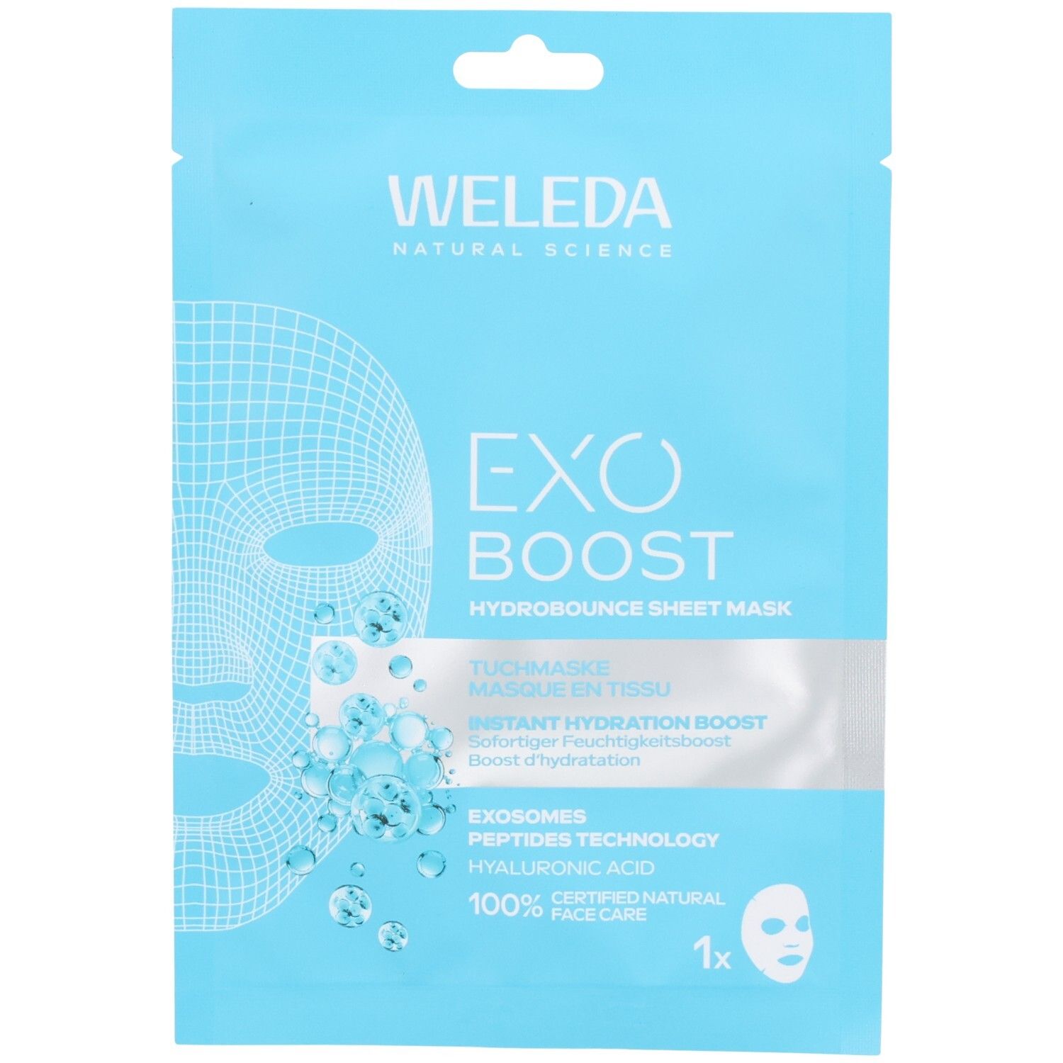 Emballage bleu clair. Inscription WELEDA, EXO BOOST, HYDRABOUNCE SHEET MASK. Visage schématisé et billes bleues.