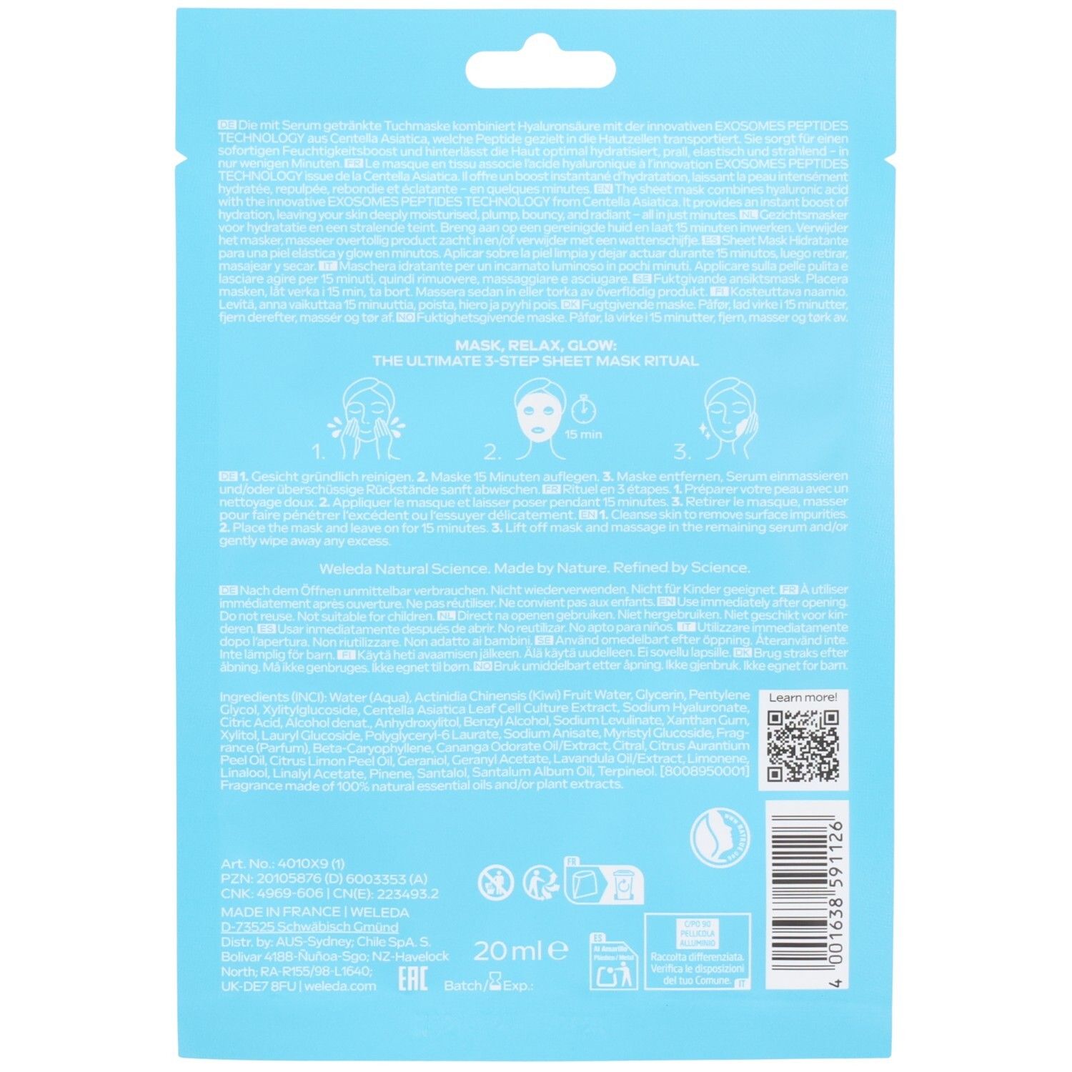 Dos de l'emballage bleu clair. Texte et illustrations. Code QR et code-barres. Inscription: 20ml.