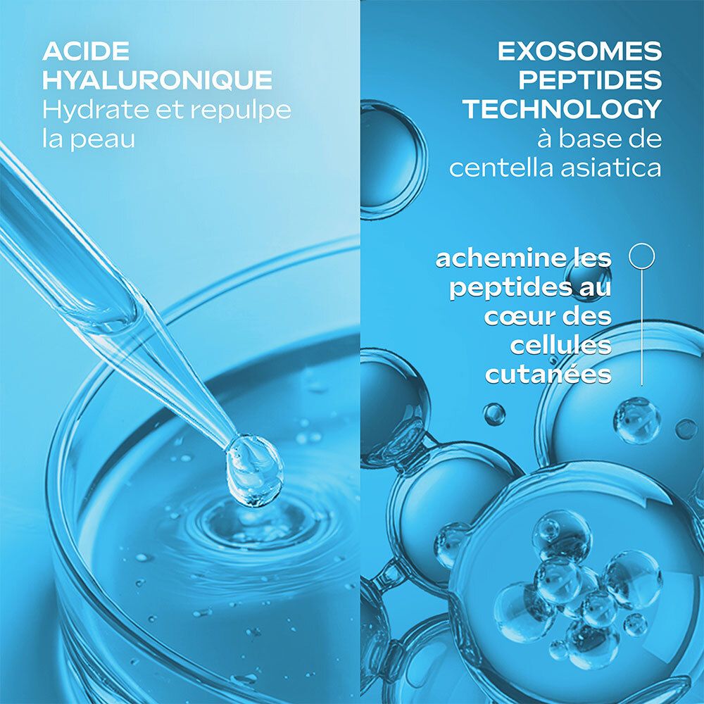 Gros plan de liquide dans un récipient en verre. Texte sur l'acide hyaluronique et les peptides.