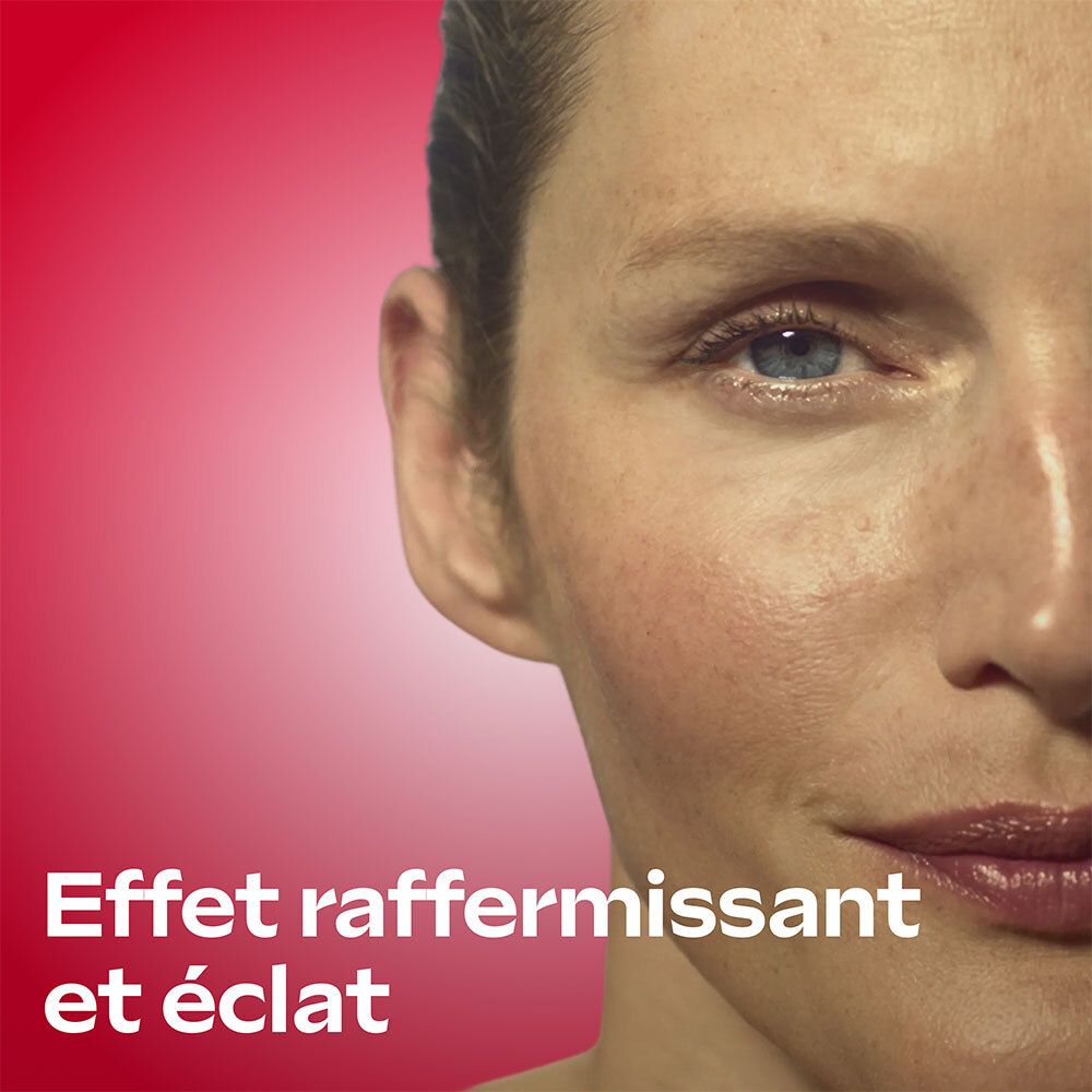 Gros plan d'un visage avec une peau éclatante. Texte : Effet raffermissant et éclat.