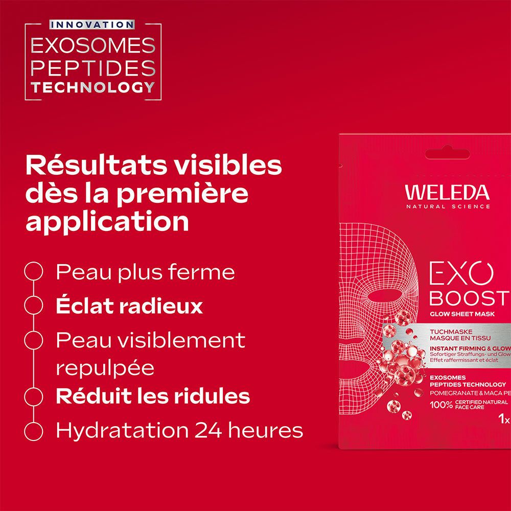 Emballage du produit à côté du texte. Texte : Résultats visibles dès la première application. Peau plus ferme, Eclat radieux, etc.
