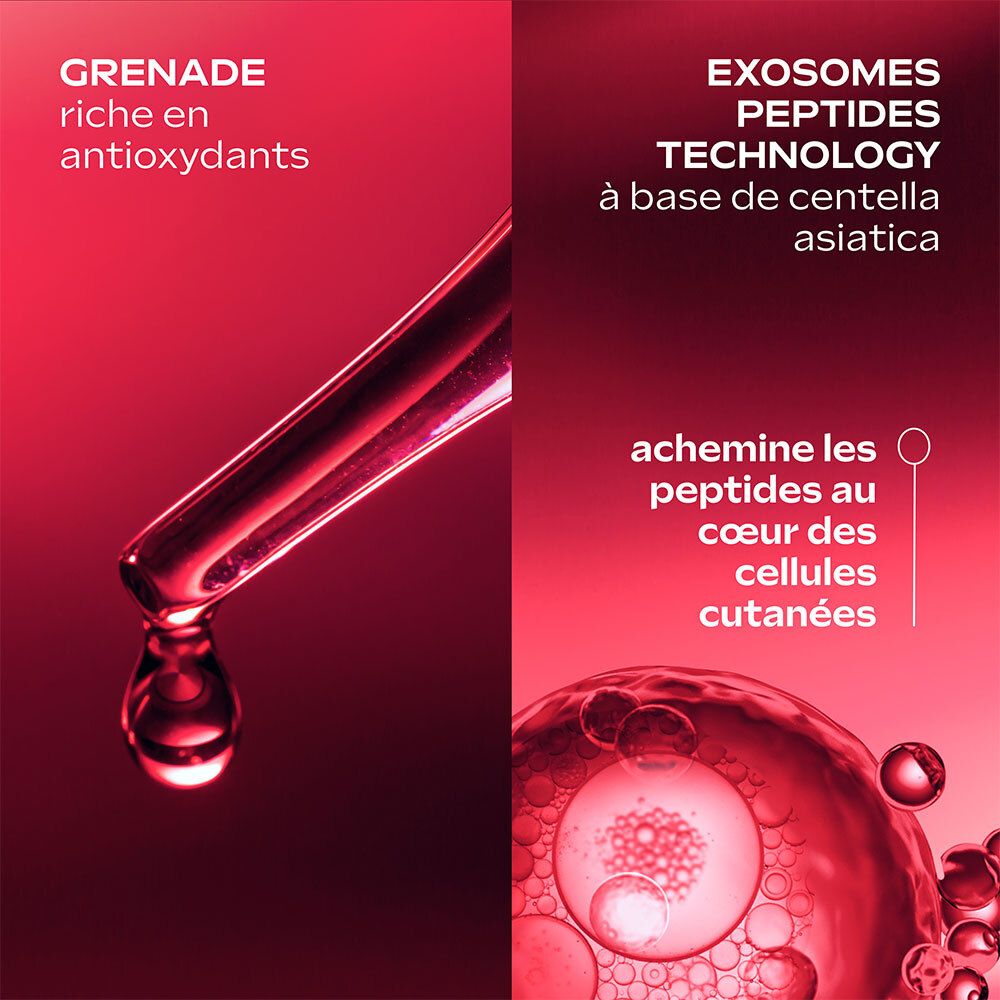 Deux moitiés d'une image. Gauche : Grenade. Droite : Pipette avec liquide et texte : Exosomes Peptides Technology.
