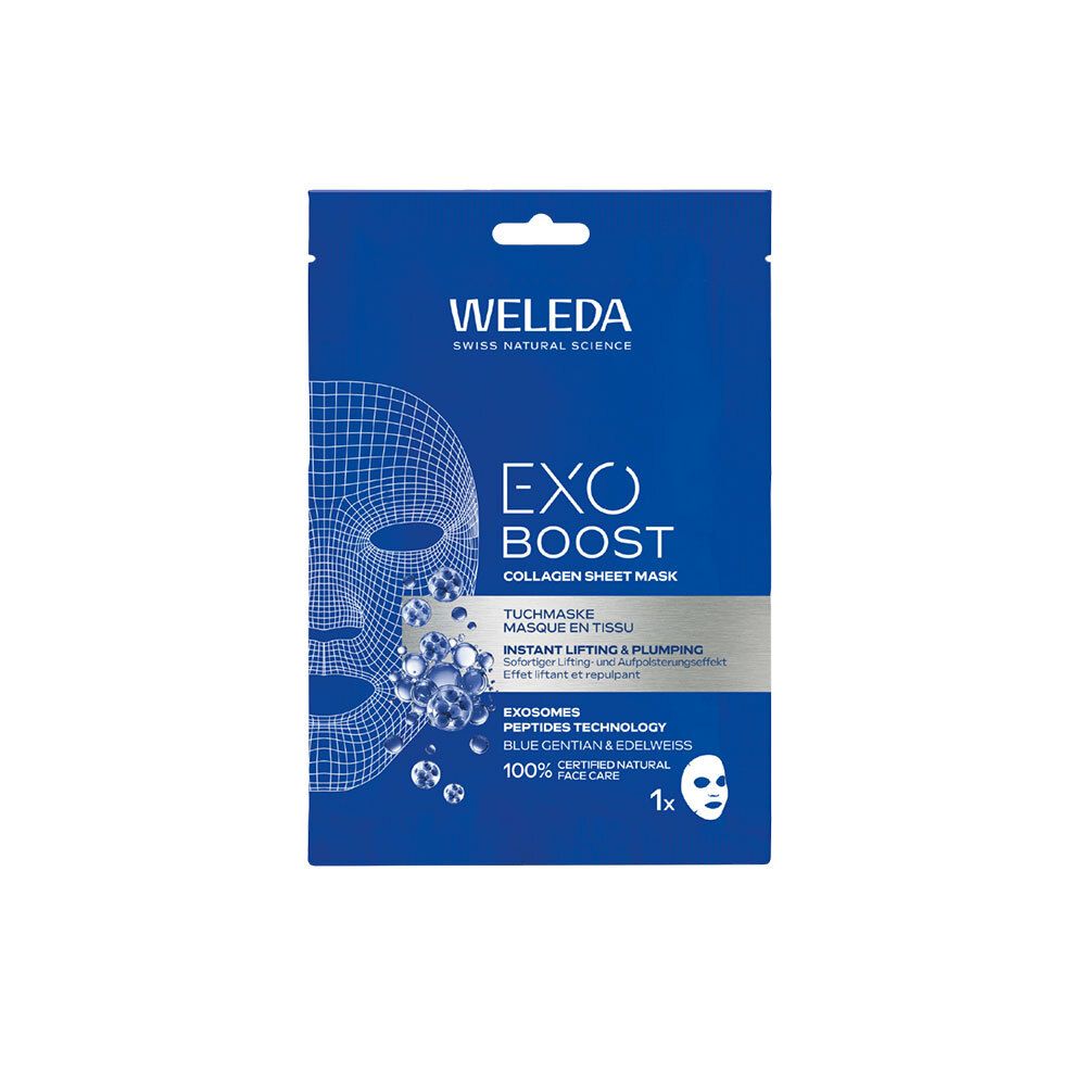 Sachet bleu avec logo et nom du produit. Contient un masque facial. Texte: EXO BOOST Collagen Sheet Mask.