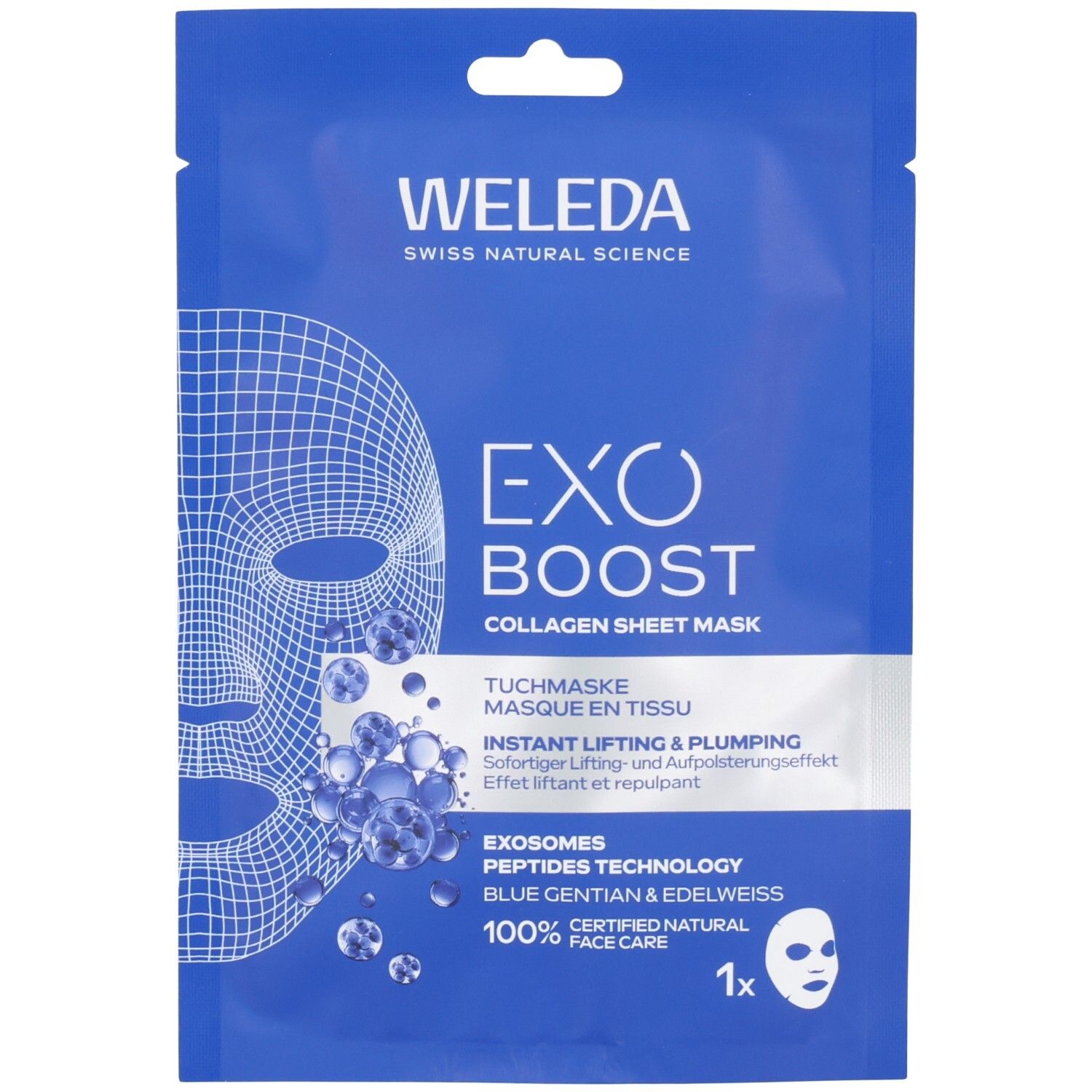 Emballage bleu et blanc. Inscription : WELEDA, EXO BOOST, Collagen Sheet Mask. Illustration d'un visage. 1x.