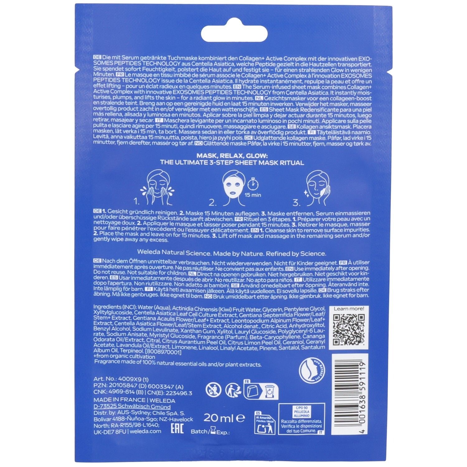 Dos de l'emballage. Texte et illustrations. Contient des informations sur l'utilisation et les ingrédients.