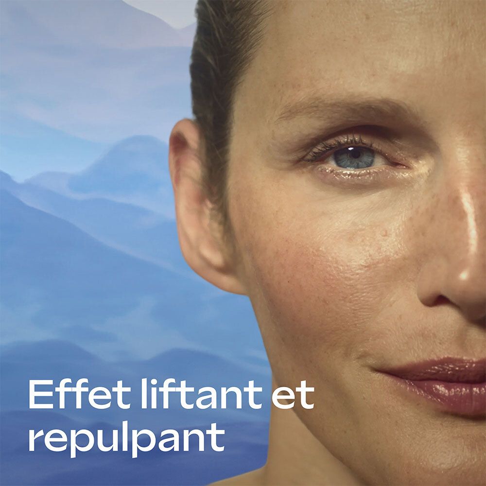 Gros plan sur un visage. Texte: Effet liftant et repulpant.