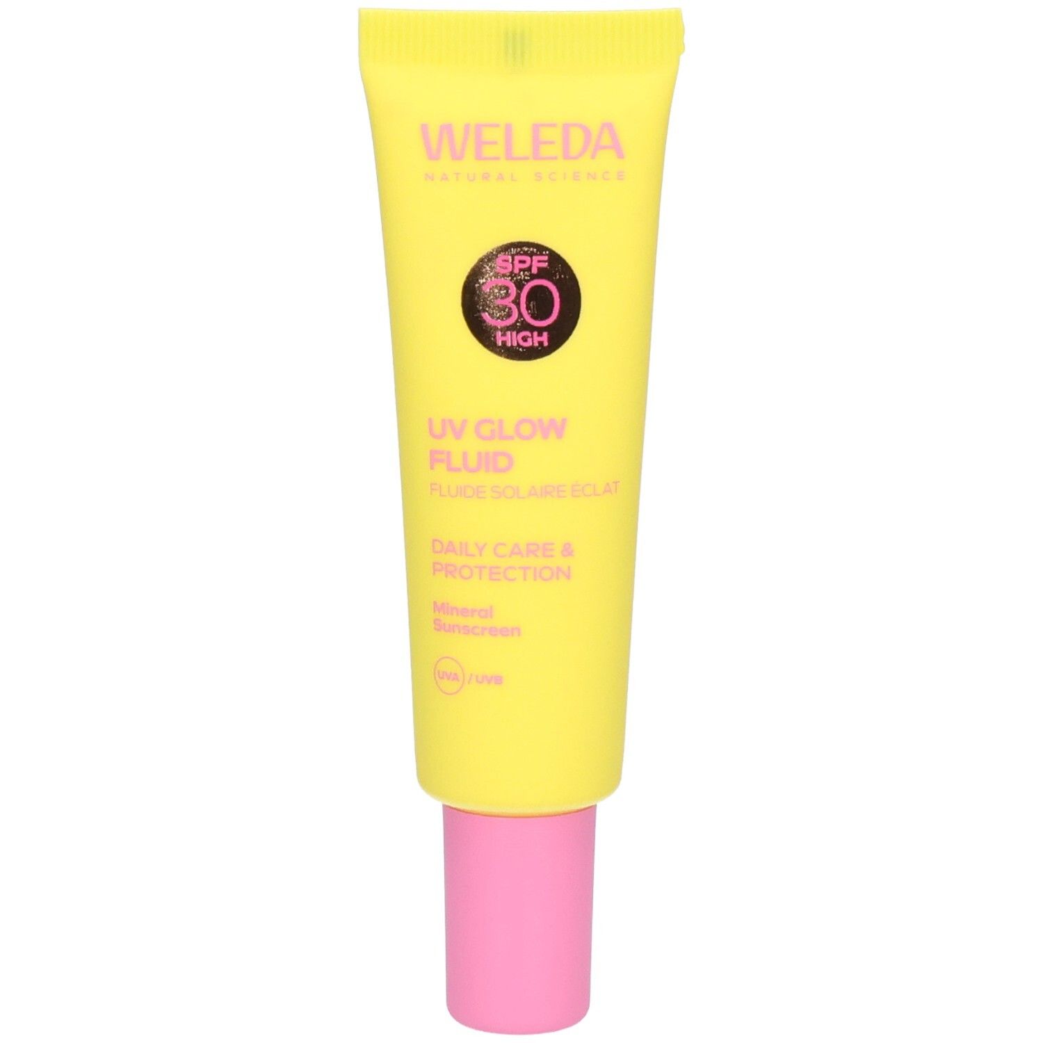 Tube jaune et bouchon rose. Inscriptions: WELEDA, SPF 30, UV Glow Fluid, Daily Care & Protection, Mineral Sunscreen.