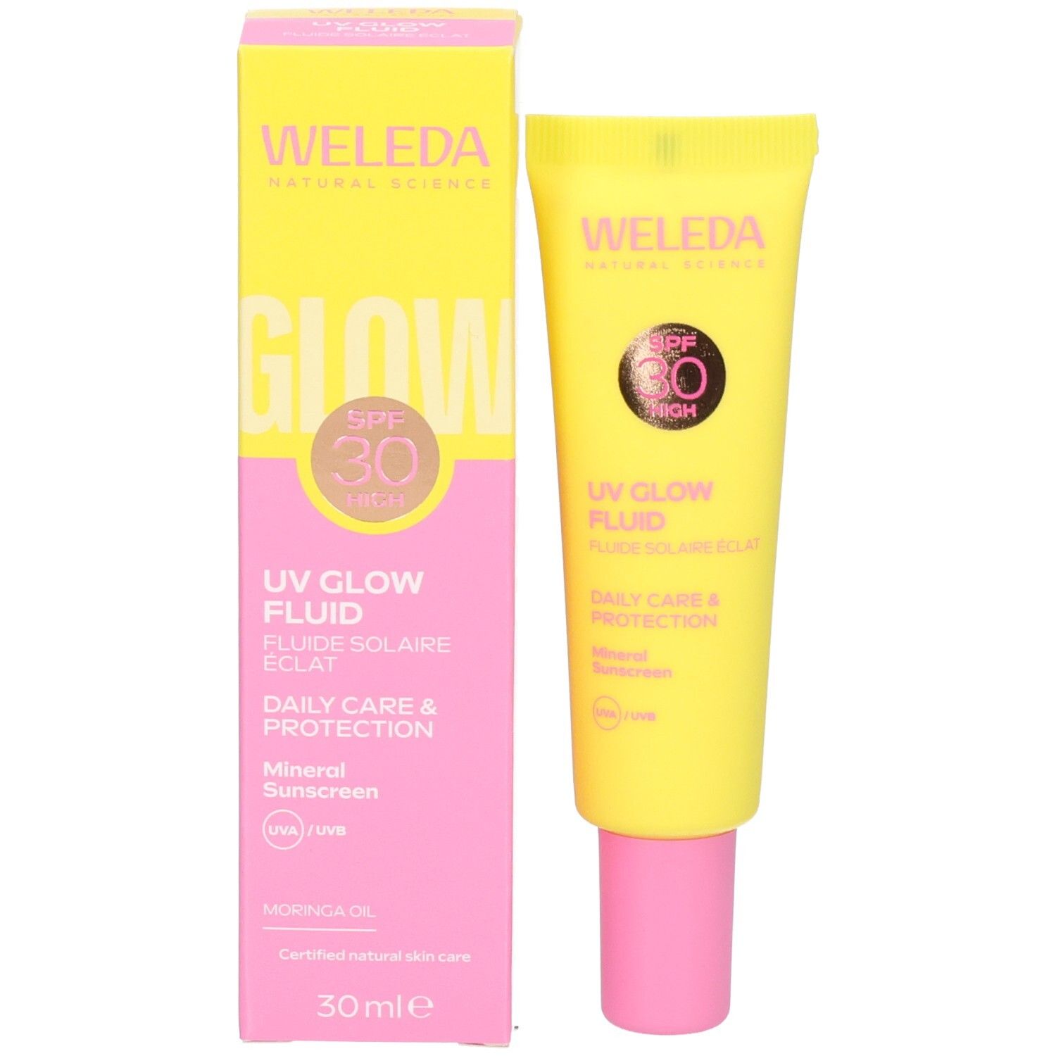 Tube et boîte jaunes. Inscriptions: WELEDA, GLOW, SPF 30, UV Glow Fluid, Daily Care & Protection, Mineral Sunscreen, 30 ml.