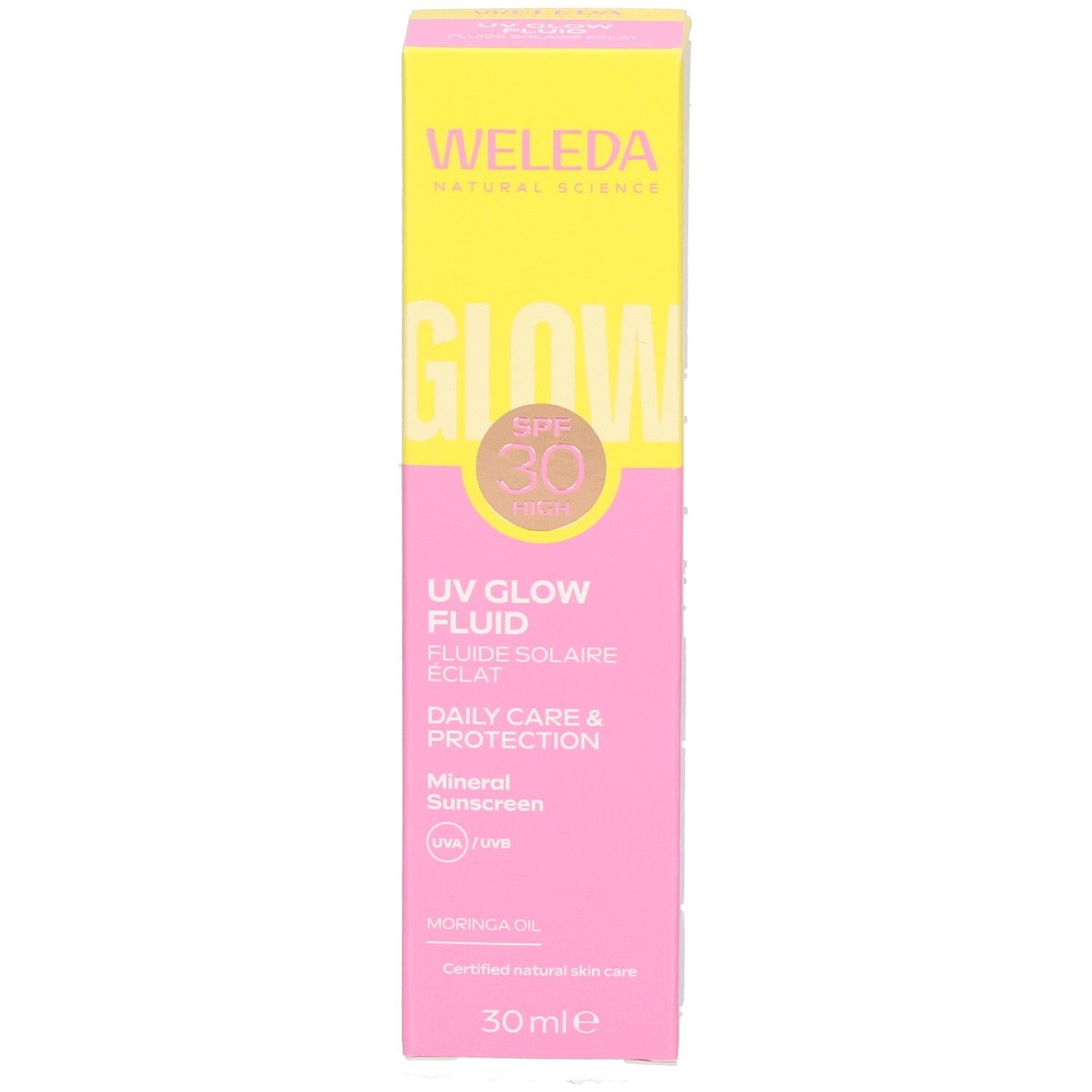 Boîte jaune avec éléments roses. Inscriptions: WELEDA, GLOW, SPF 30, UV Glow Fluid, Daily Care & Protection, Mineral Sunscreen, 30 ml.
