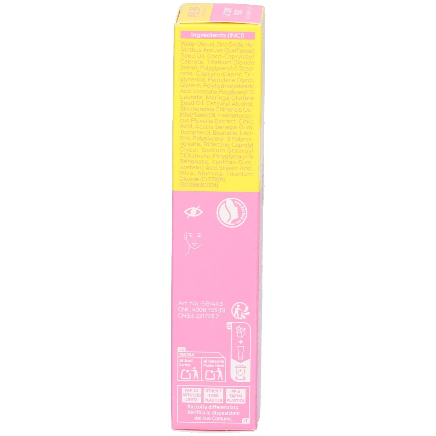 Boîte rose. Inscriptions: Ingrédients, logo, coordonnées, pictogrammes.