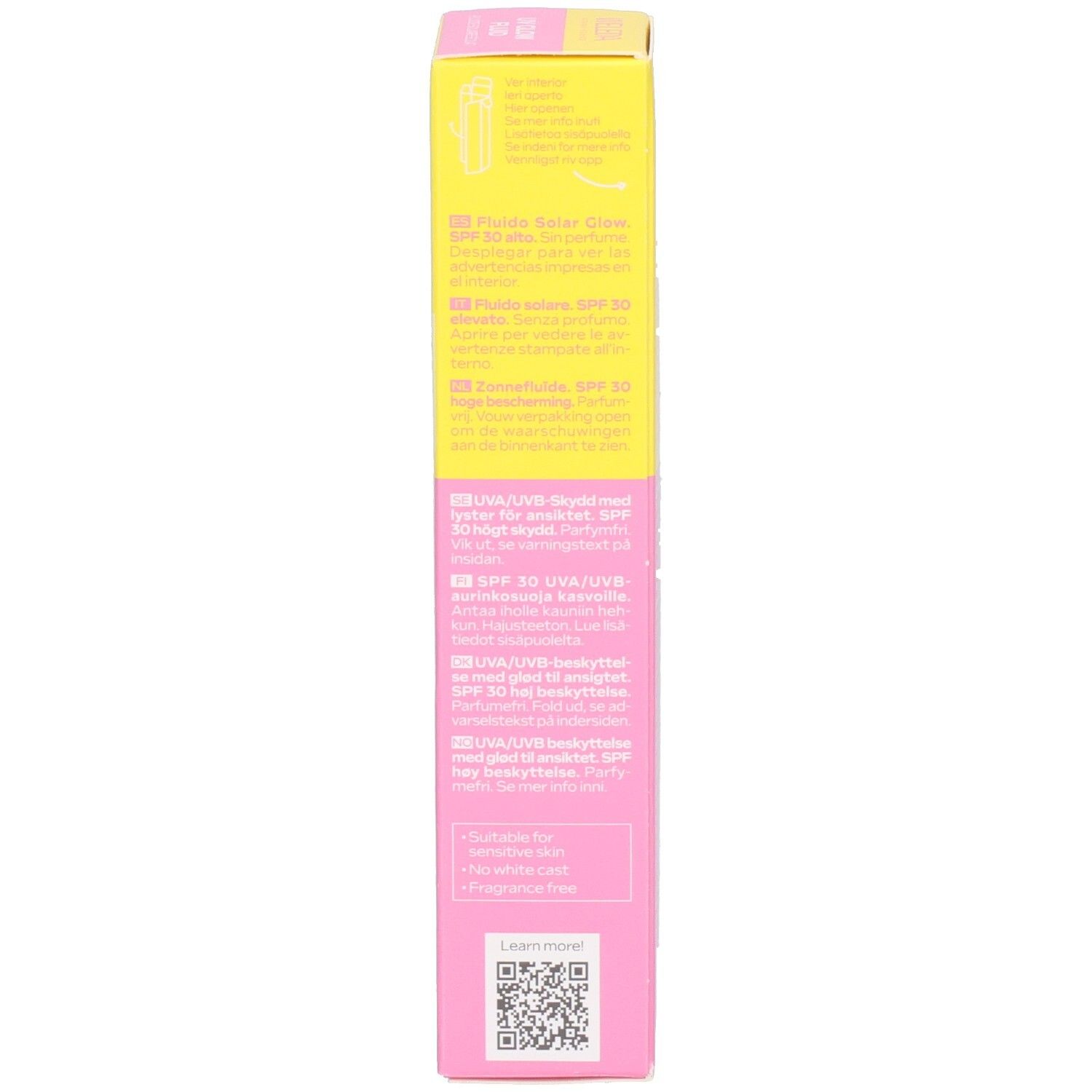 Boîte rose. Inscriptions: Texte multilingue, code QR, pictogrammes.