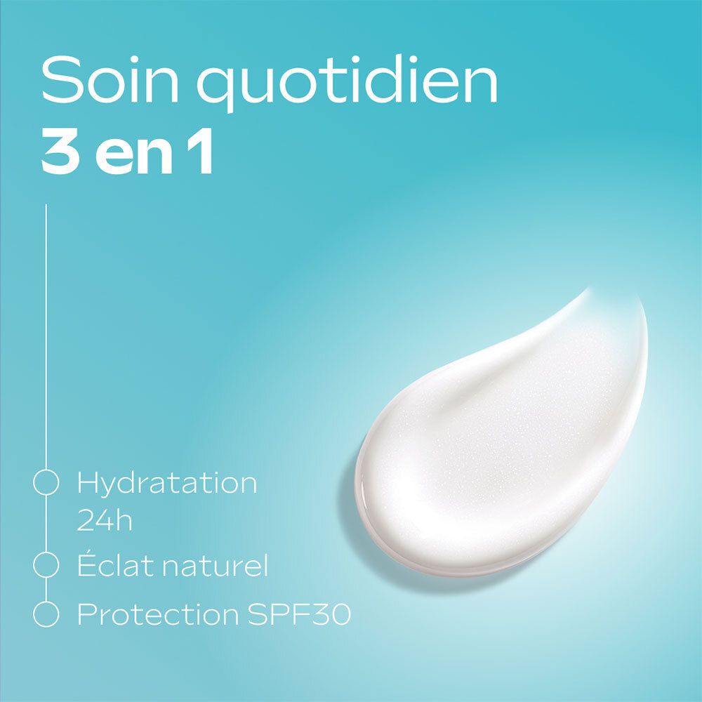 Produit blanc sur fond bleu. Texte : Soin quotidien 3 en 1, Hydratation 24h, Éclat naturel, Protection SPF30.