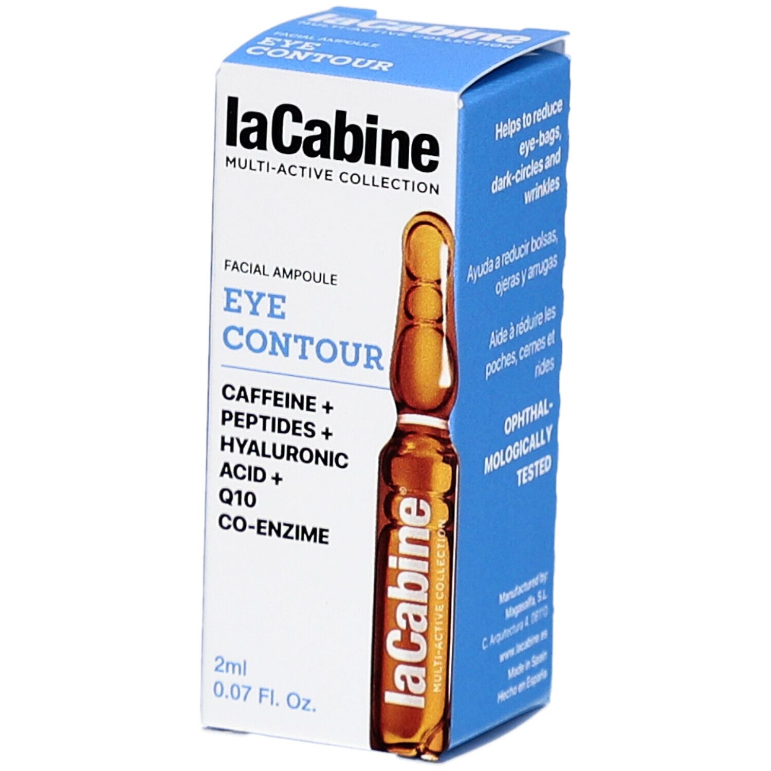 Boîte avec ampoule. Inscriptions: Eye Contour, Caffeine, peptides, acide hyaluronique, Q10. Testé ophtalmologiquement.