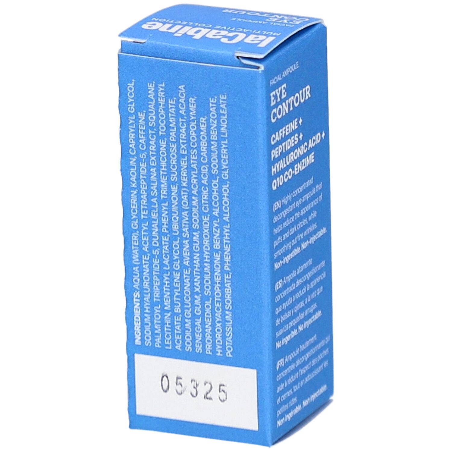 Boîte avec ingrédients. Inscriptions: Eye Contour, Caffeine, peptides, acide hyaluronique, Q10. Code: 05325.