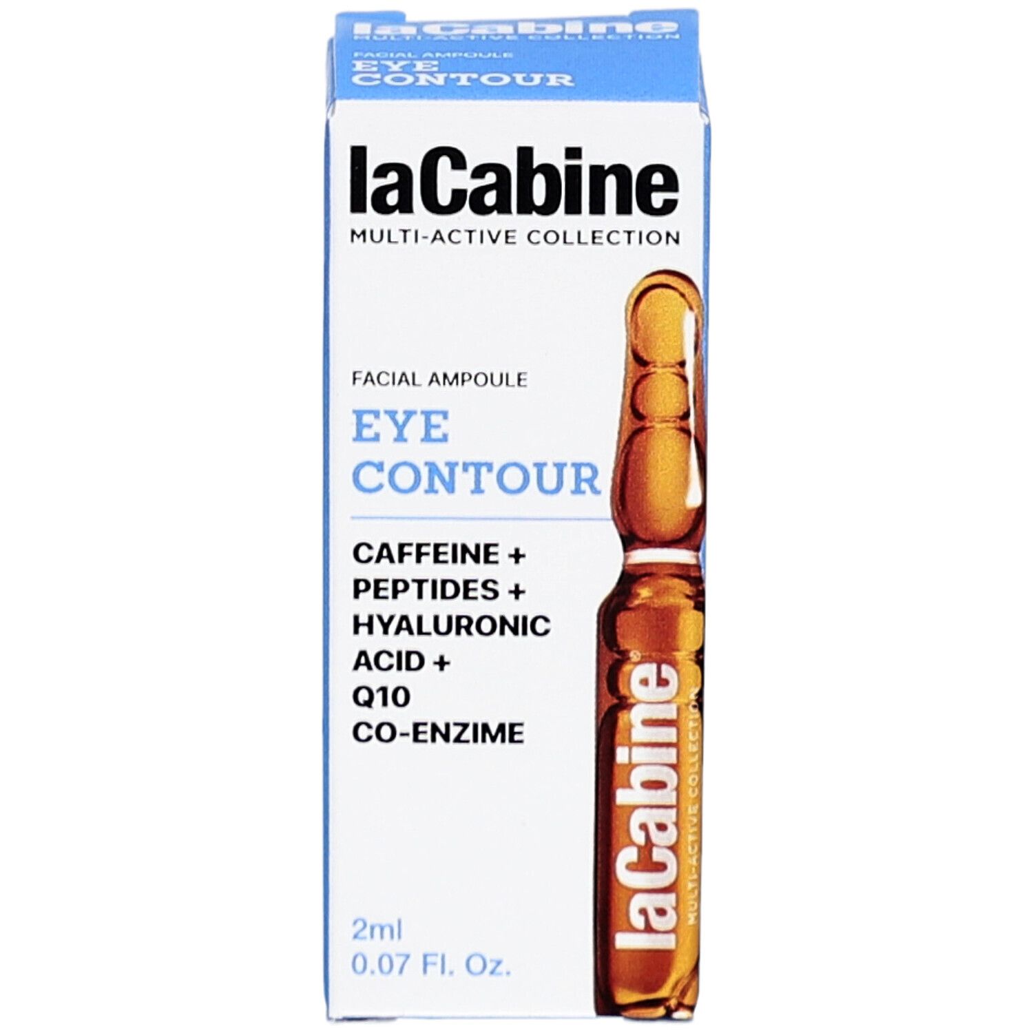 Boîte avec ampoule. Inscriptions: Eye Contour, Caffeine, peptides, acide hyaluronique, Q10. 2ml.