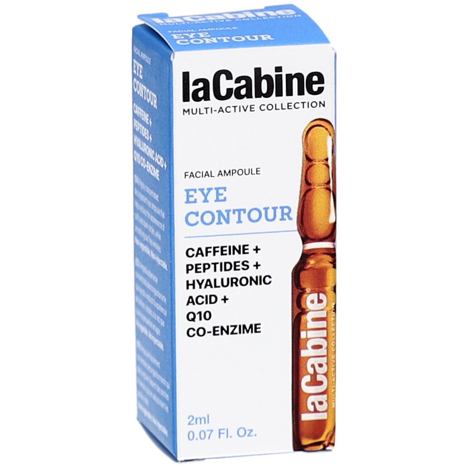 Boîte avec ampoule. Inscriptions: Eye Contour, Caffeine, peptides, acide hyaluronique, Q10. 2ml.
