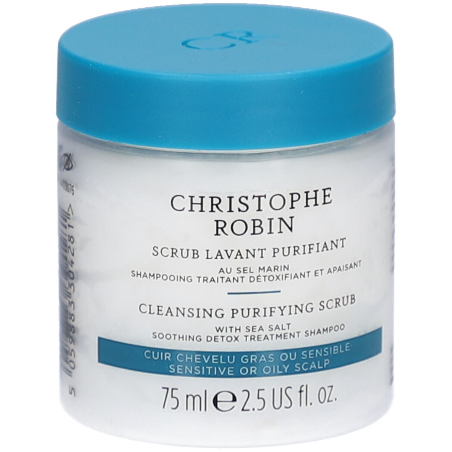 Pot blanc avec couvercle bleu. Inscription: CHRISTOPHE ROBIN, SCRUB LAVANT PURIFIANT, CLEANSING PURIFYING SCRUB. Pour cuir chevelu gras ou sensible.