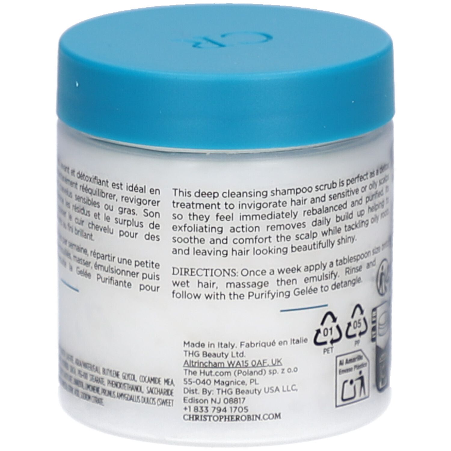 Dos du pot blanc avec couvercle bleu. Texte: Fabriqué en Italie. Adresse du fabricant. Instructions d'utilisation.