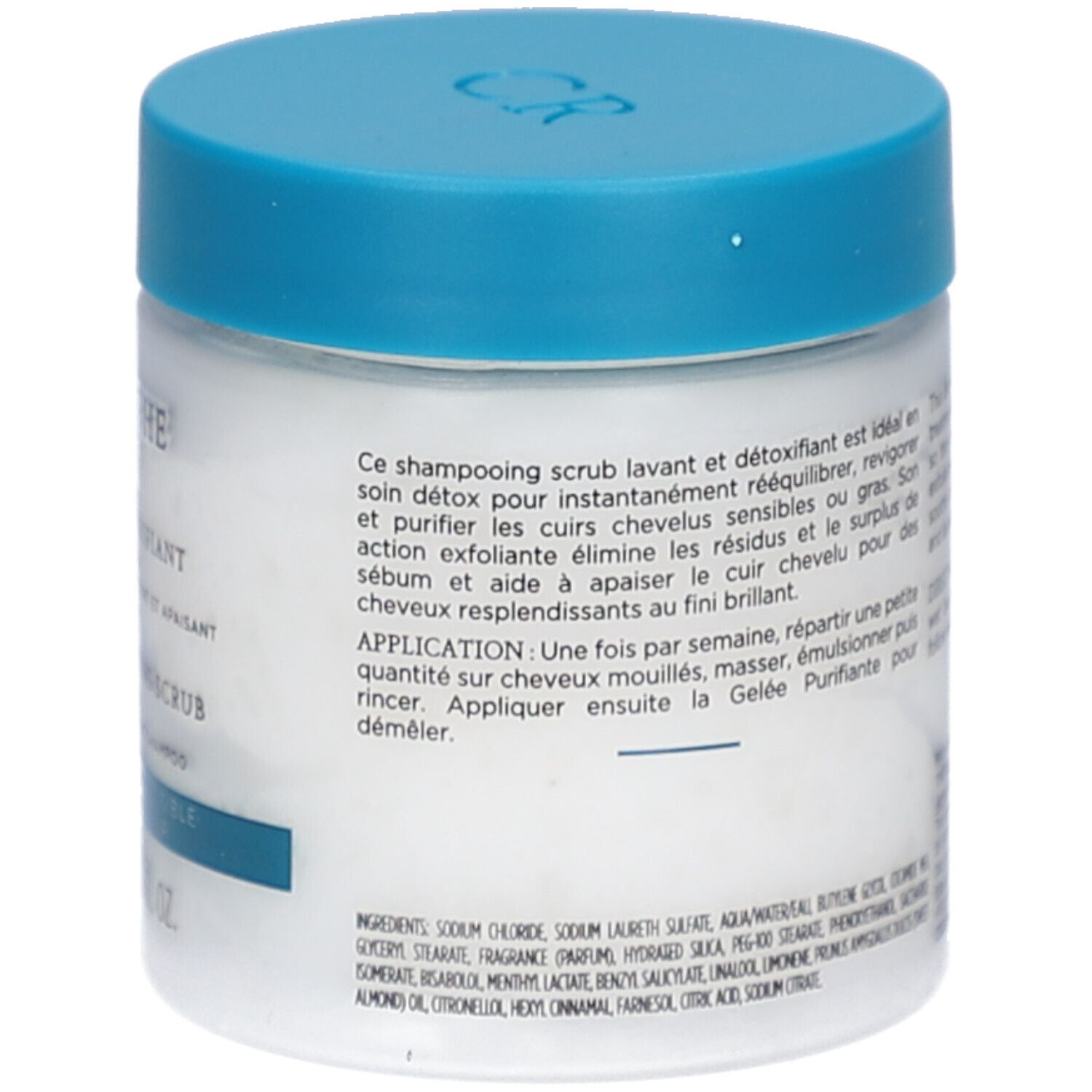 Dos du pot blanc avec couvercle bleu. Texte: Instructions d'application. Ingrédients. Adresse du fabricant.