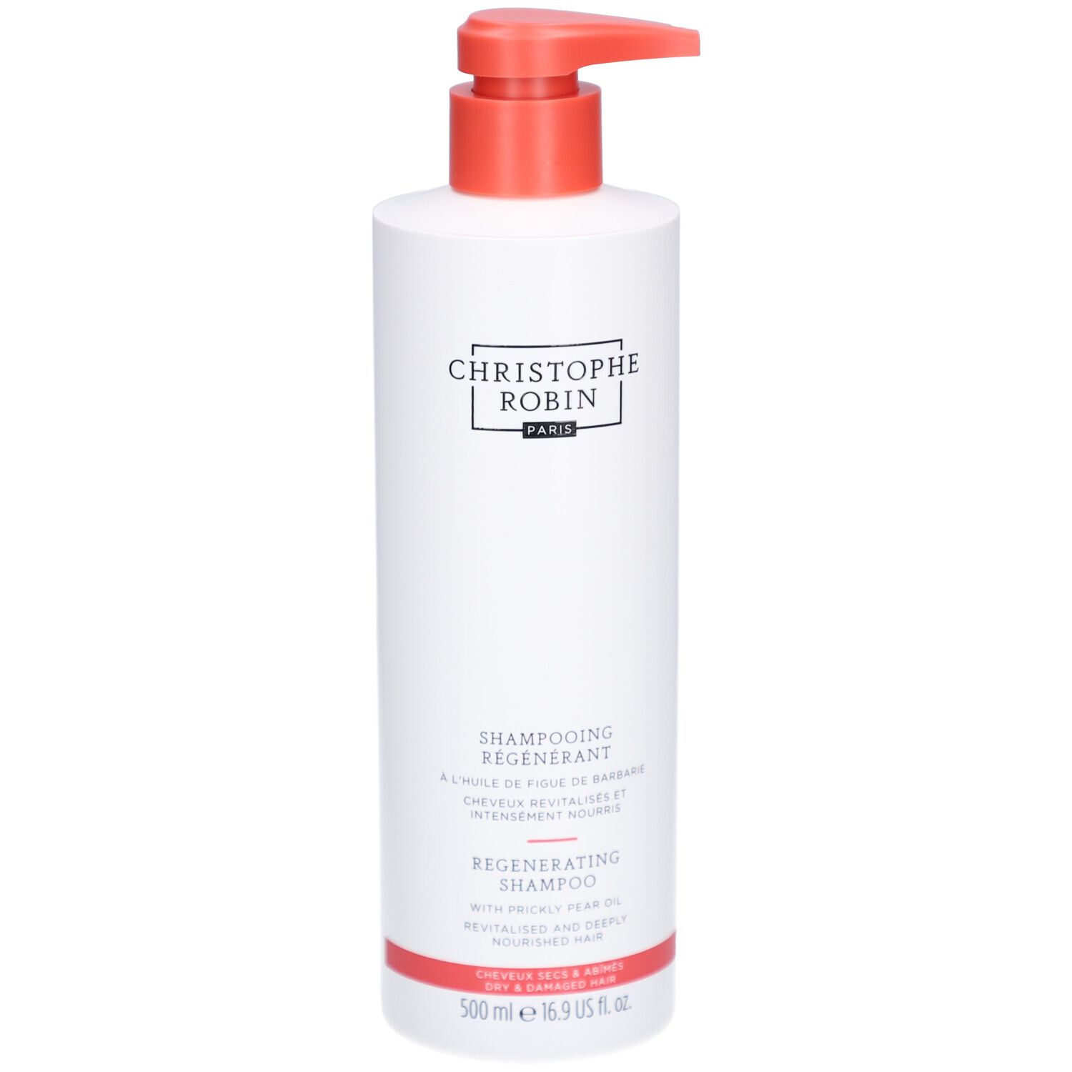 Flacon blanc avec pompe rouge. Inscription: CHRISTOPHE ROBIN PARIS, SHAMPOOING REGENERANT, 500 ml.