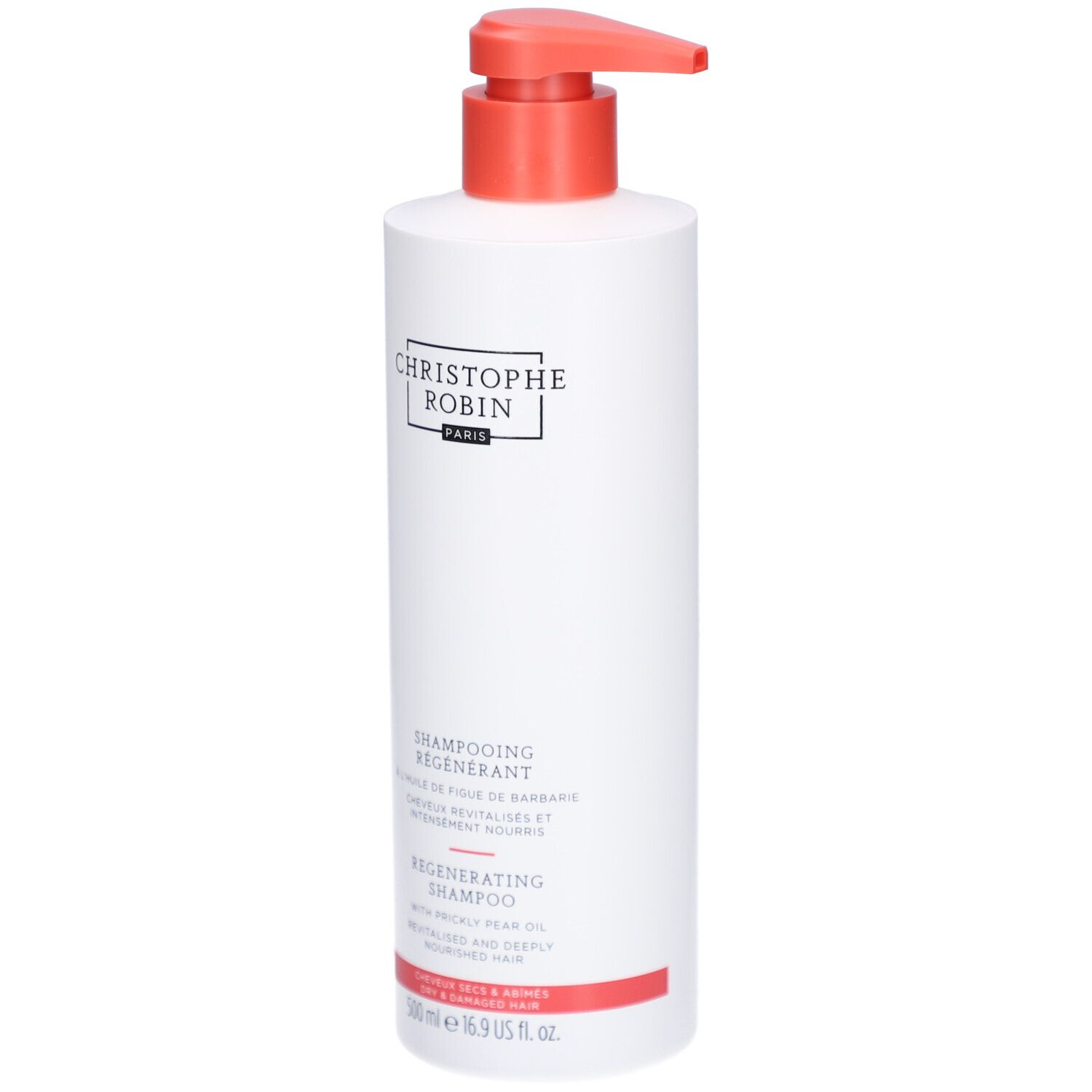 Flacon blanc avec pompe rouge. Inscription: CHRISTOPHE ROBIN PARIS, SHAMPOOING REGENERANT, 500 ml.