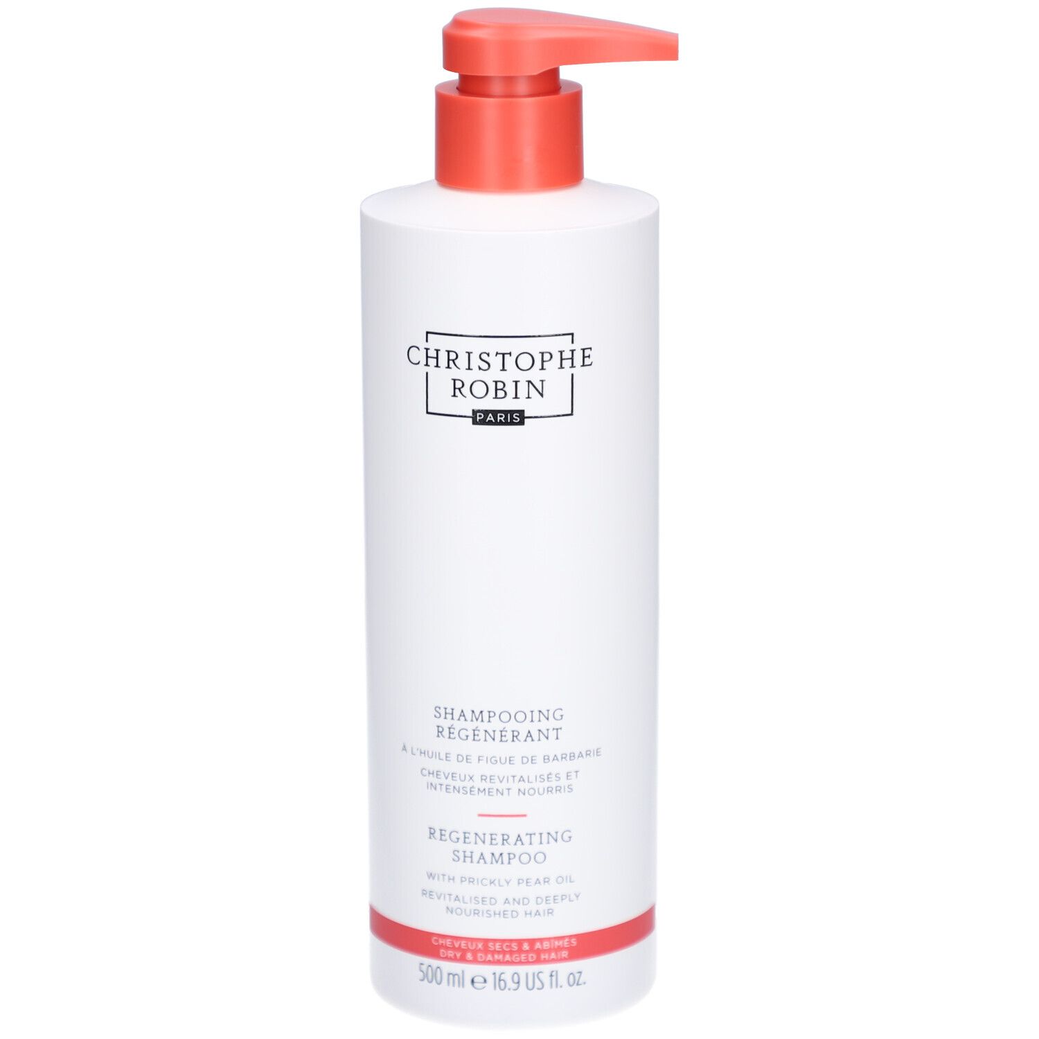 Flacon blanc avec pompe rouge. Inscription: CHRISTOPHE ROBIN PARIS, SHAMPOOING REGENERANT, 500 ml.