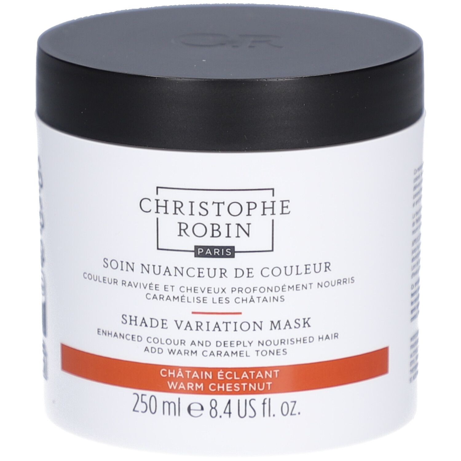 Pot rond noir et blanc. Inscription CHRISTOPHE ROBIN PARIS. Nom et description du produit. Couleur : Châtain Éclatant.