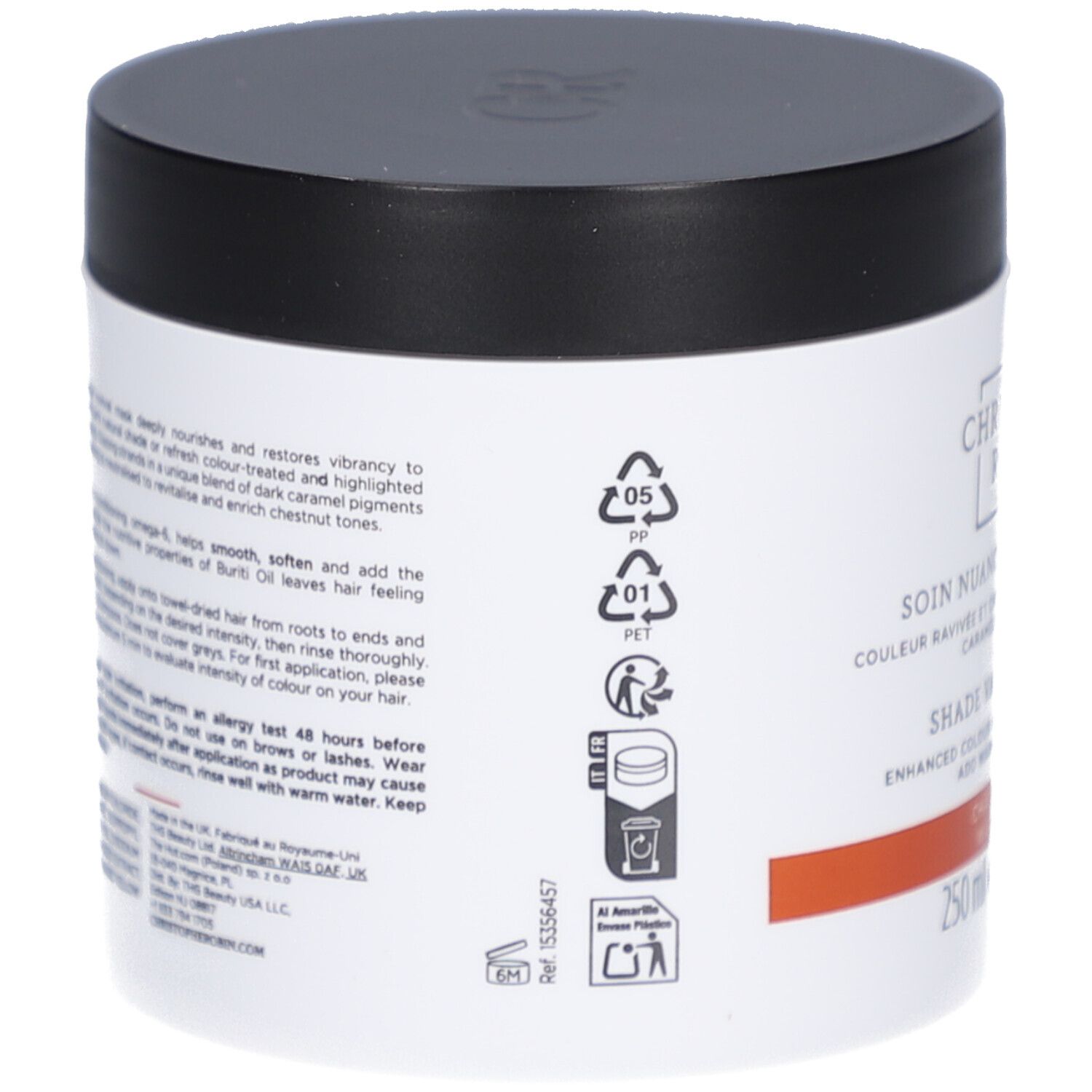 Pot rond noir et blanc. Verso avec texte et symboles de recyclage. Nom et description du produit. Couleur : Châtain Éclatant.