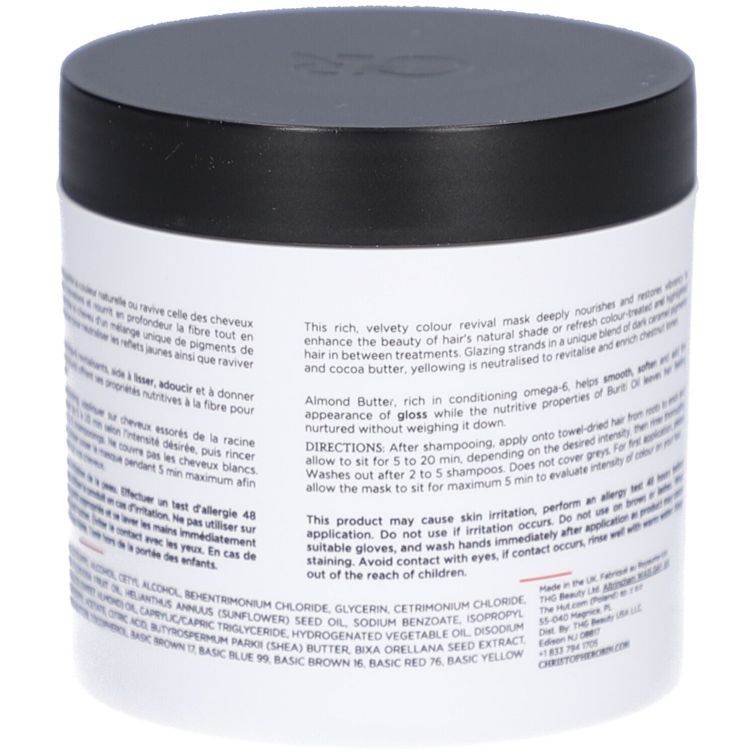 Pot rond noir et blanc. Texte sur le pot. Nom et description du produit. Couleur : Châtain Éclatant. Ingrédients.