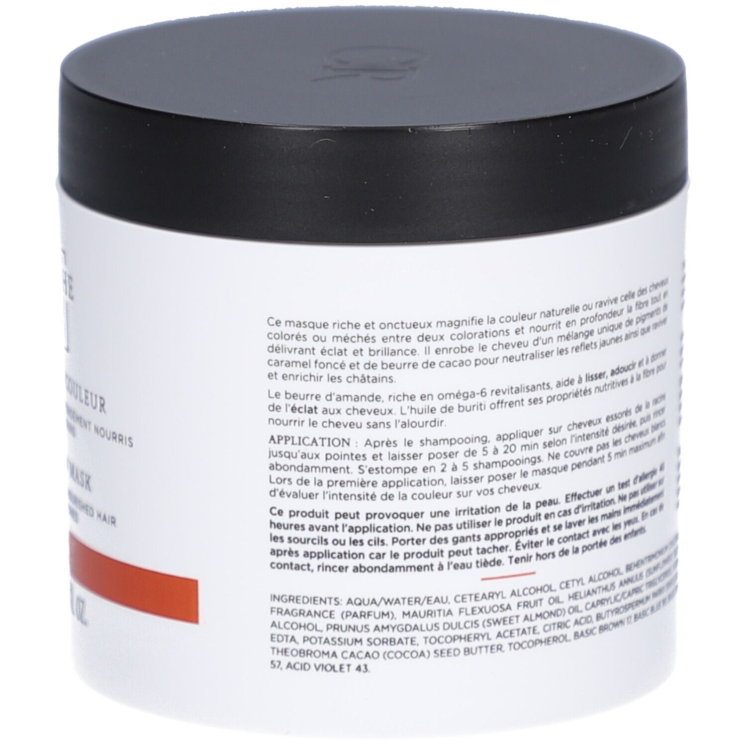 Pot rond noir et blanc. Texte sur le pot. Nom et description du produit. Couleur : Châtain Éclatant. Conseils d'utilisation.