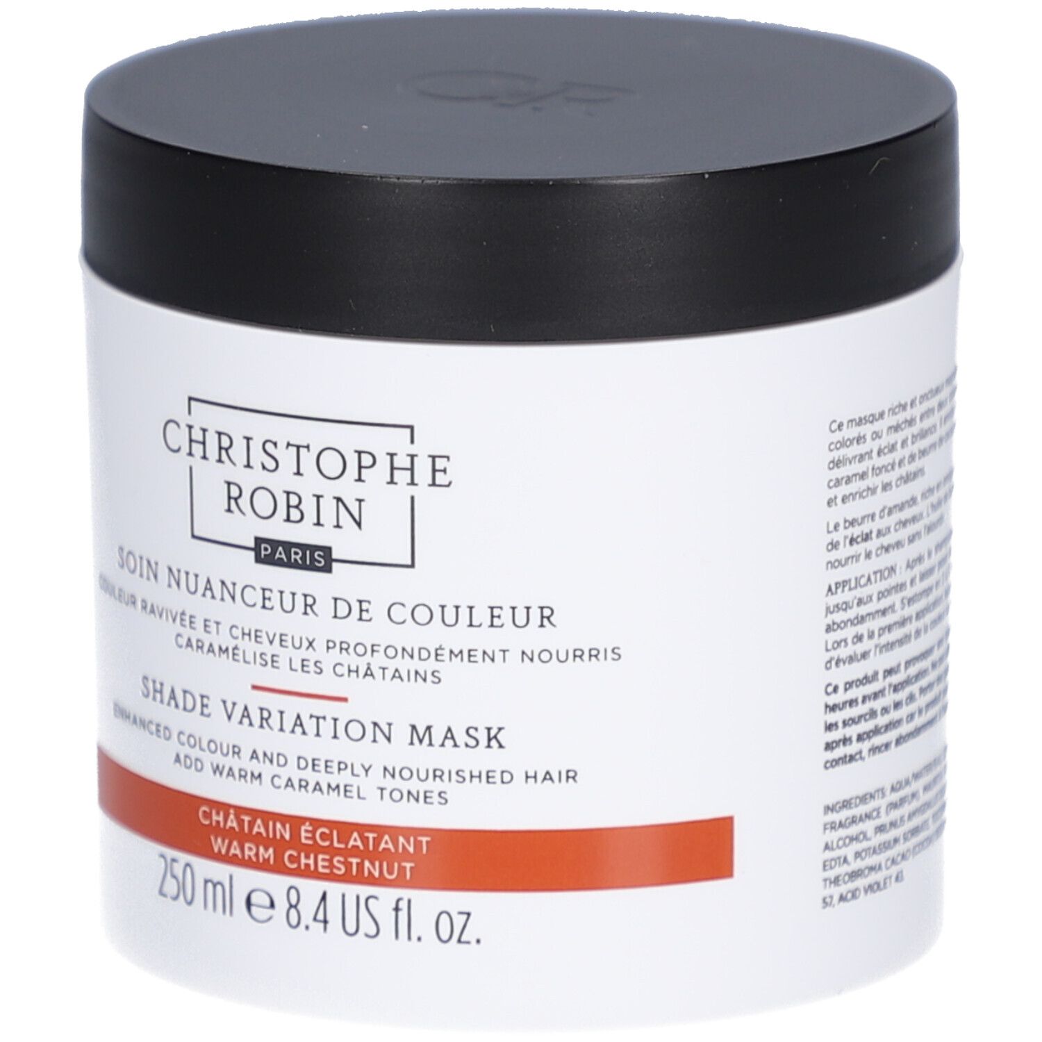Pot rond noir et blanc. Inscription CHRISTOPHE ROBIN PARIS. Nom et description du produit. Couleur : Châtain Éclatant.