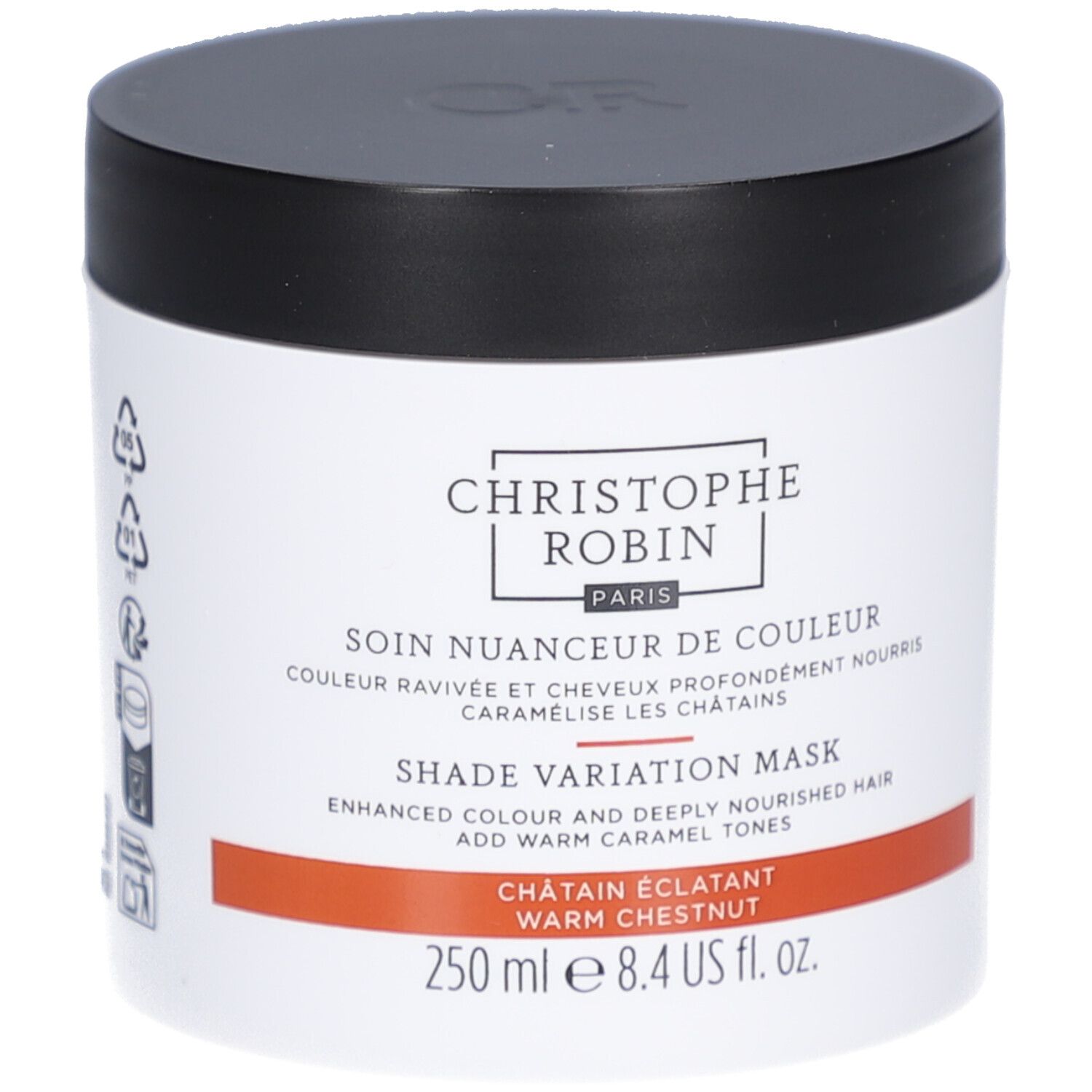 Pot rond noir et blanc. Inscription CHRISTOPHE ROBIN PARIS. Nom et description du produit. Couleur : Châtain Éclatant.