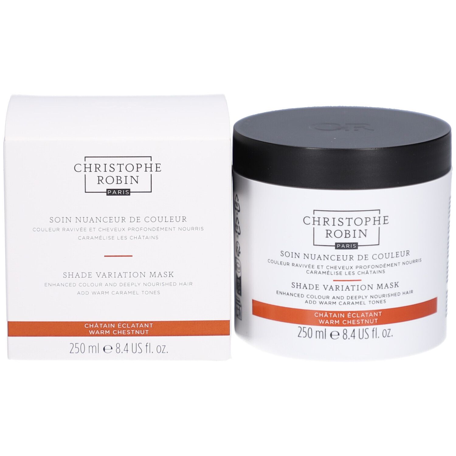 Produit et emballage. Pot noir et blanc et boîte. Inscription CHRISTOPHE ROBIN PARIS. Couleur : Châtain Éclatant.