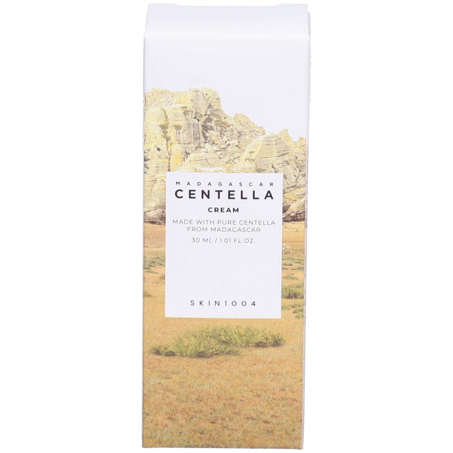 Emballage du produit. Blanc avec paysage. Inscription: MADAGASCAR CENTELLA CREAM. 30 ml.