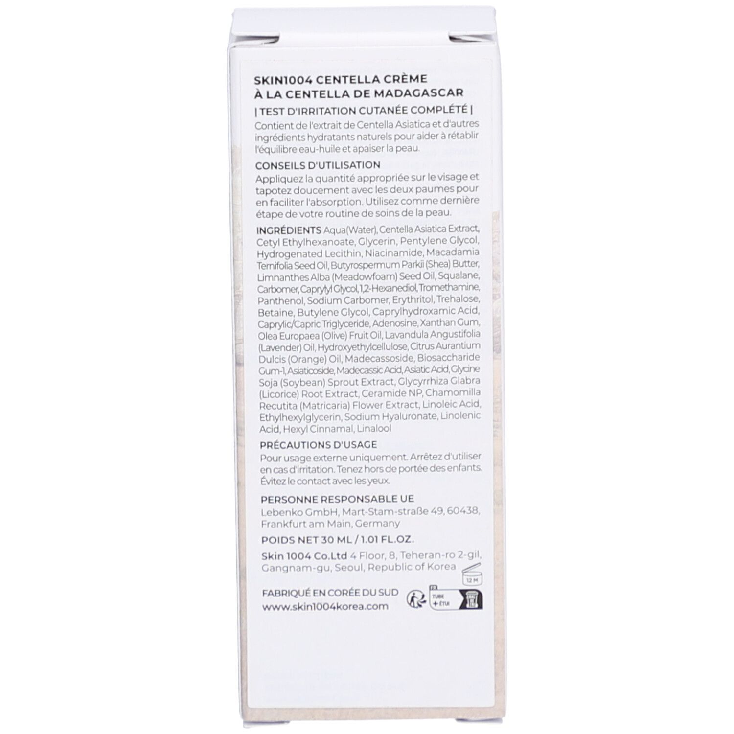 Dos de l'emballage. Texte: SKIN1004 CENTELLA CRÈME. Ingrédients, utilisation, précautions.