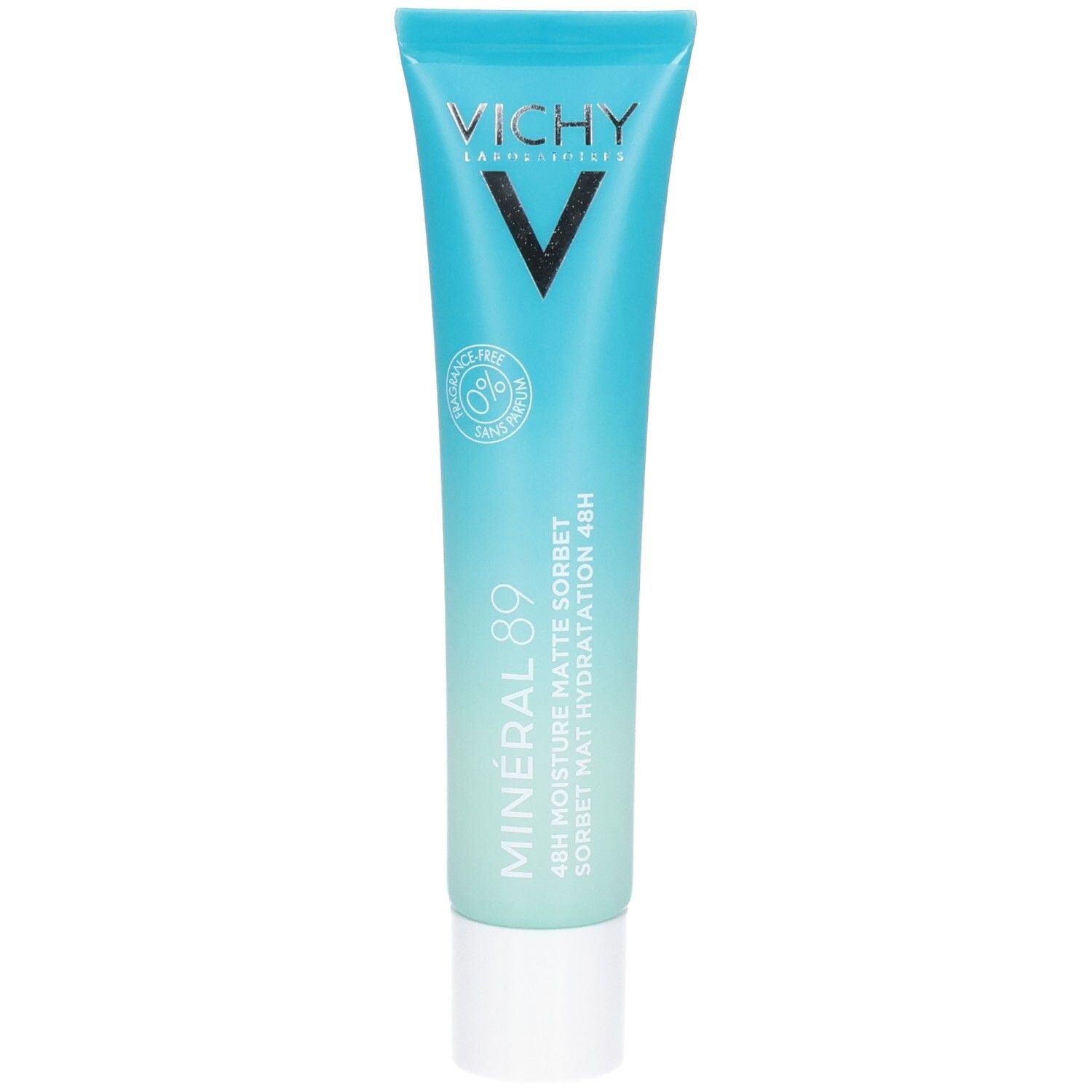 Tube turquoise avec bouchon blanc. Inscription: Vichy, Mineral 89, 48H Moisture Matte Sorbet. Logo V.