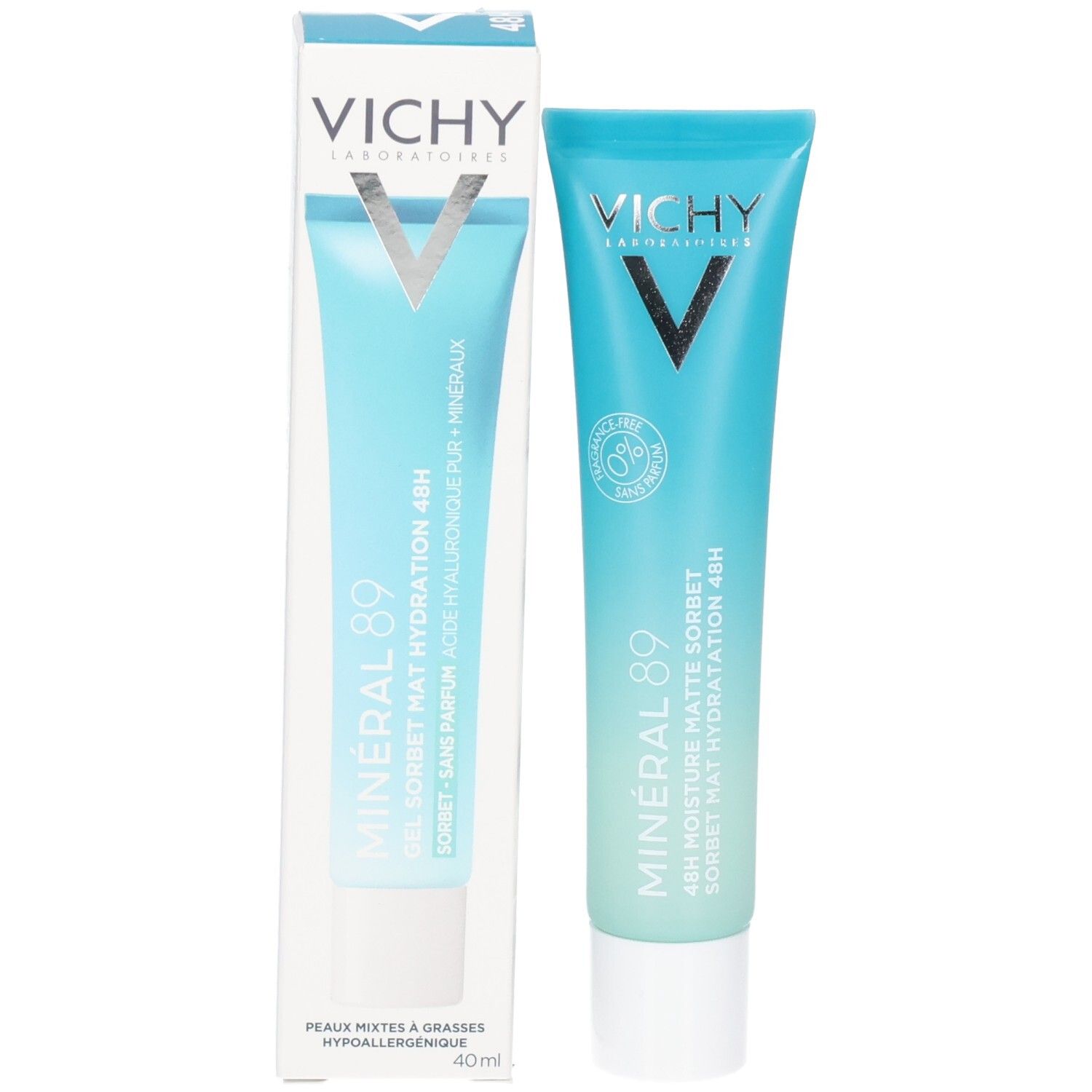 Produit et emballage. Tube turquoise et carton. Inscription: Vichy, Mineral 89, 48H Moisture Matte Sorbet.