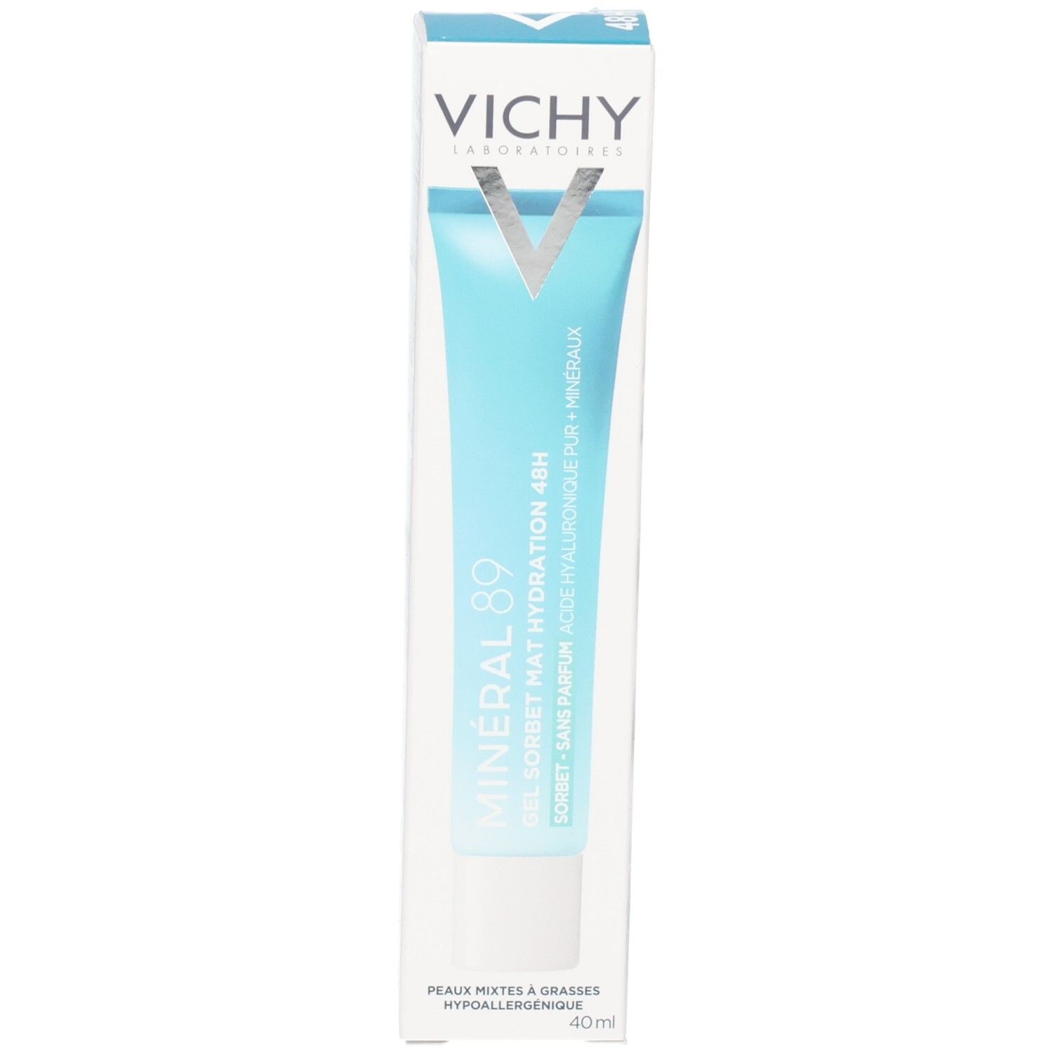 Produit dans son emballage. Tube turquoise dans une boîte blanche. Inscription: Vichy, Mineral 89, 48H Moisture Matte Sorbet.