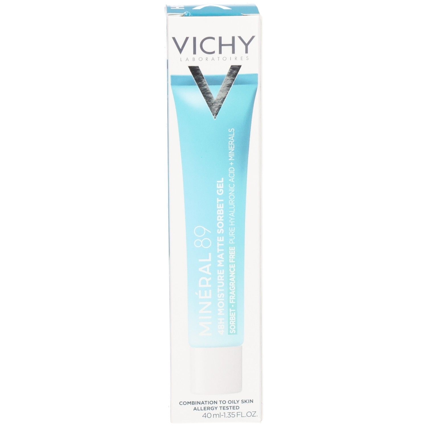 Produit dans son emballage. Tube turquoise dans une boîte blanche. Inscription: Vichy, Mineral 89, 48H Moisture Matte Sorbet.